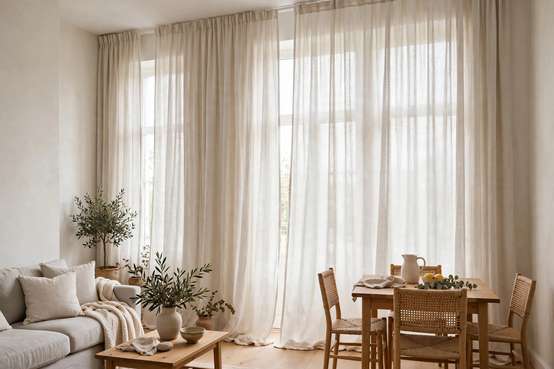 Floor-to-ceiling linen curtains on the window wall of a small living dining combo.