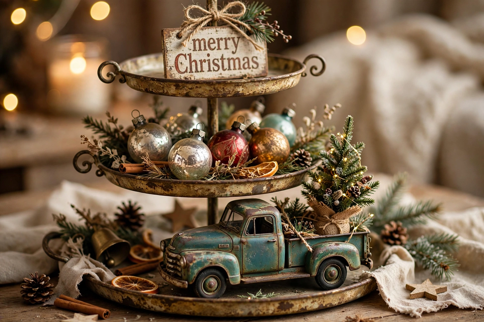 Vintage truck with tree tray — Christmas tiered tray idea