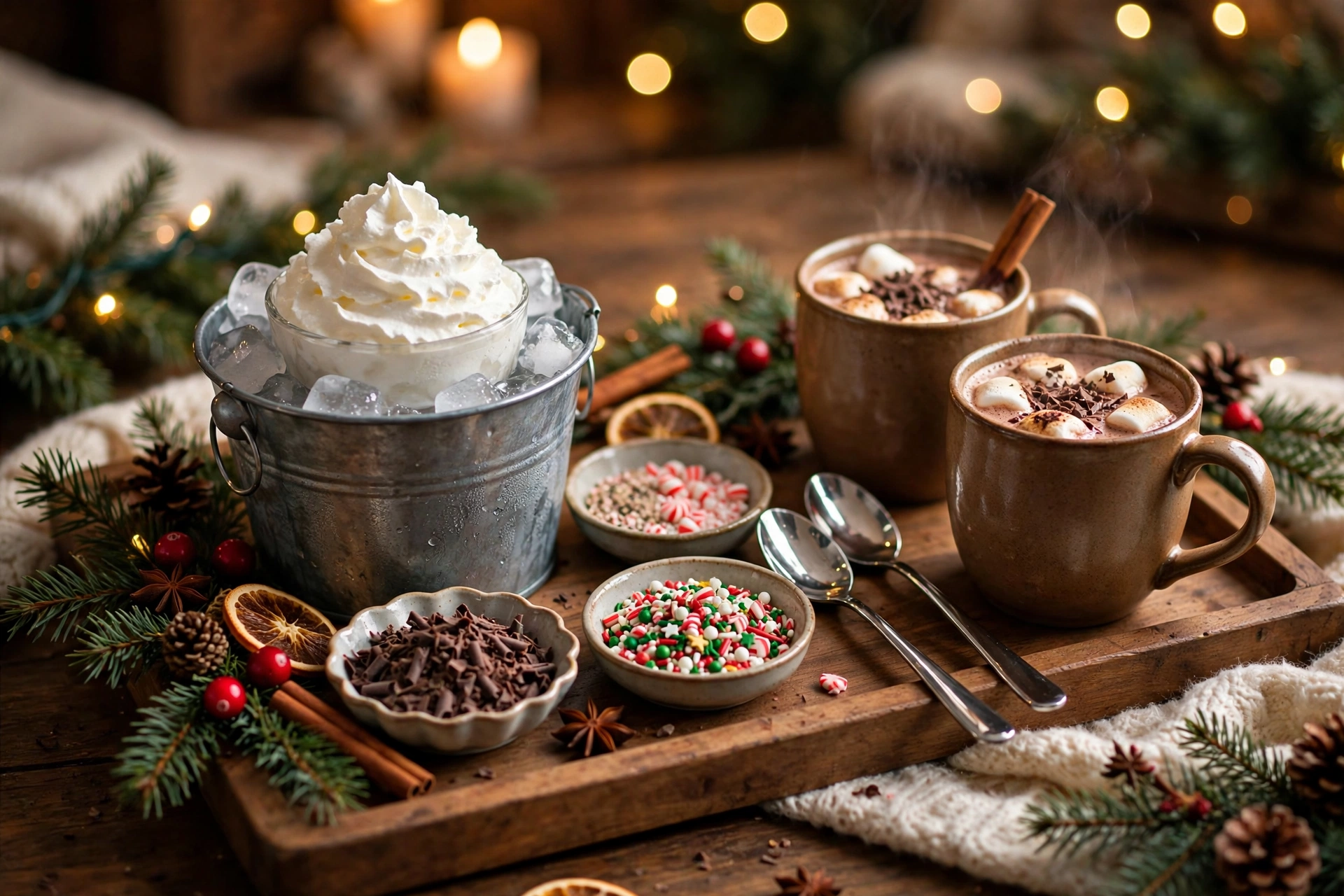 Topping station with whipped cream, chocolate shavings and sprinkles