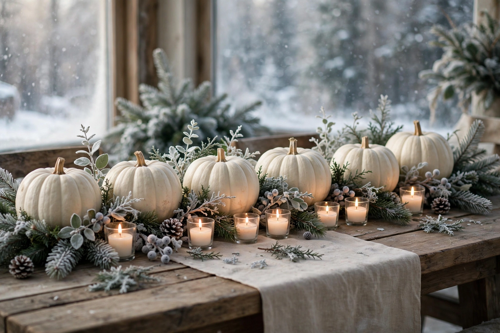 Row of white pumpkins with frosted greenery on a winter table