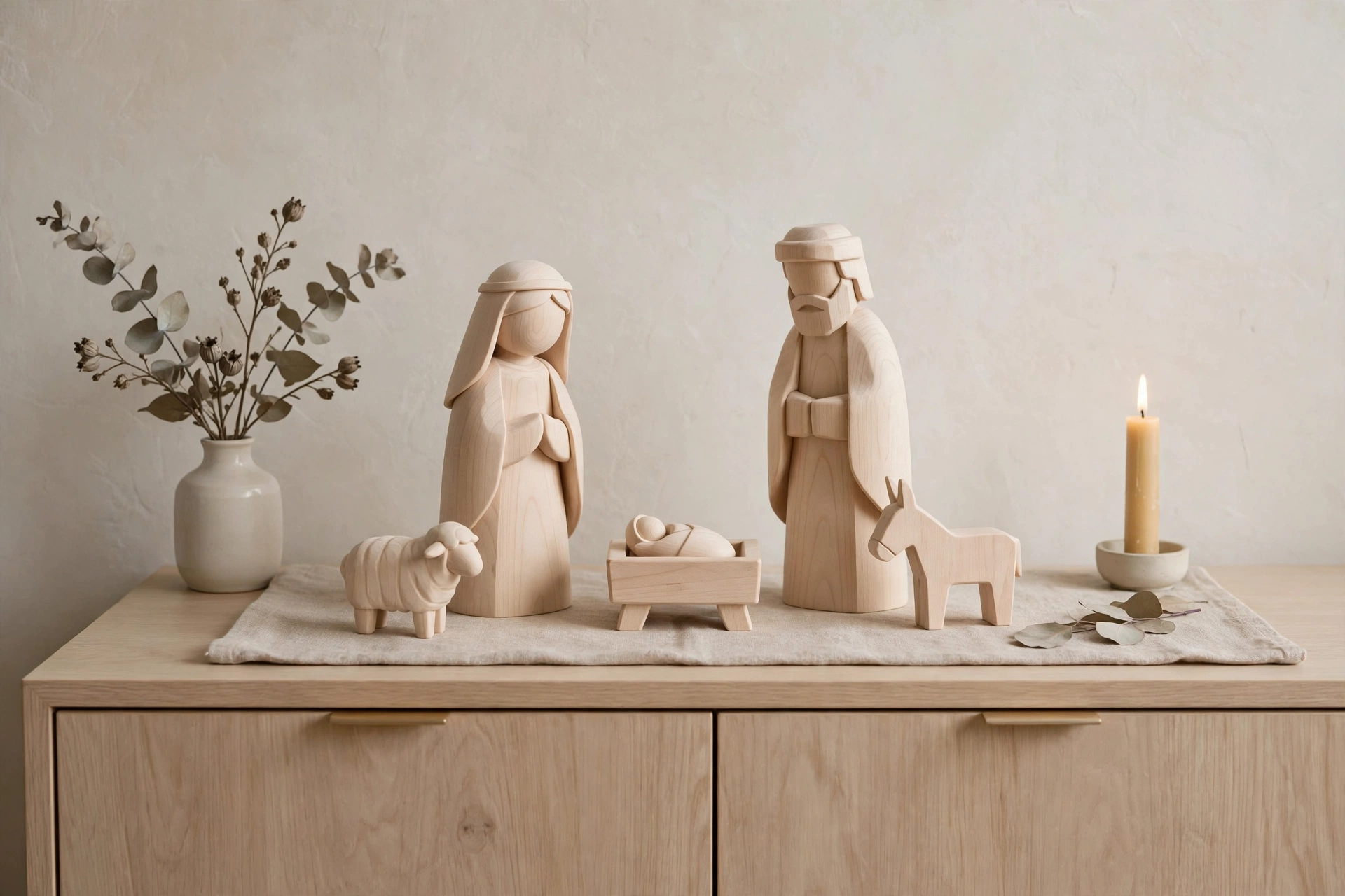 Minimalist wooden nativity set in pale beech wood on a sideboard.