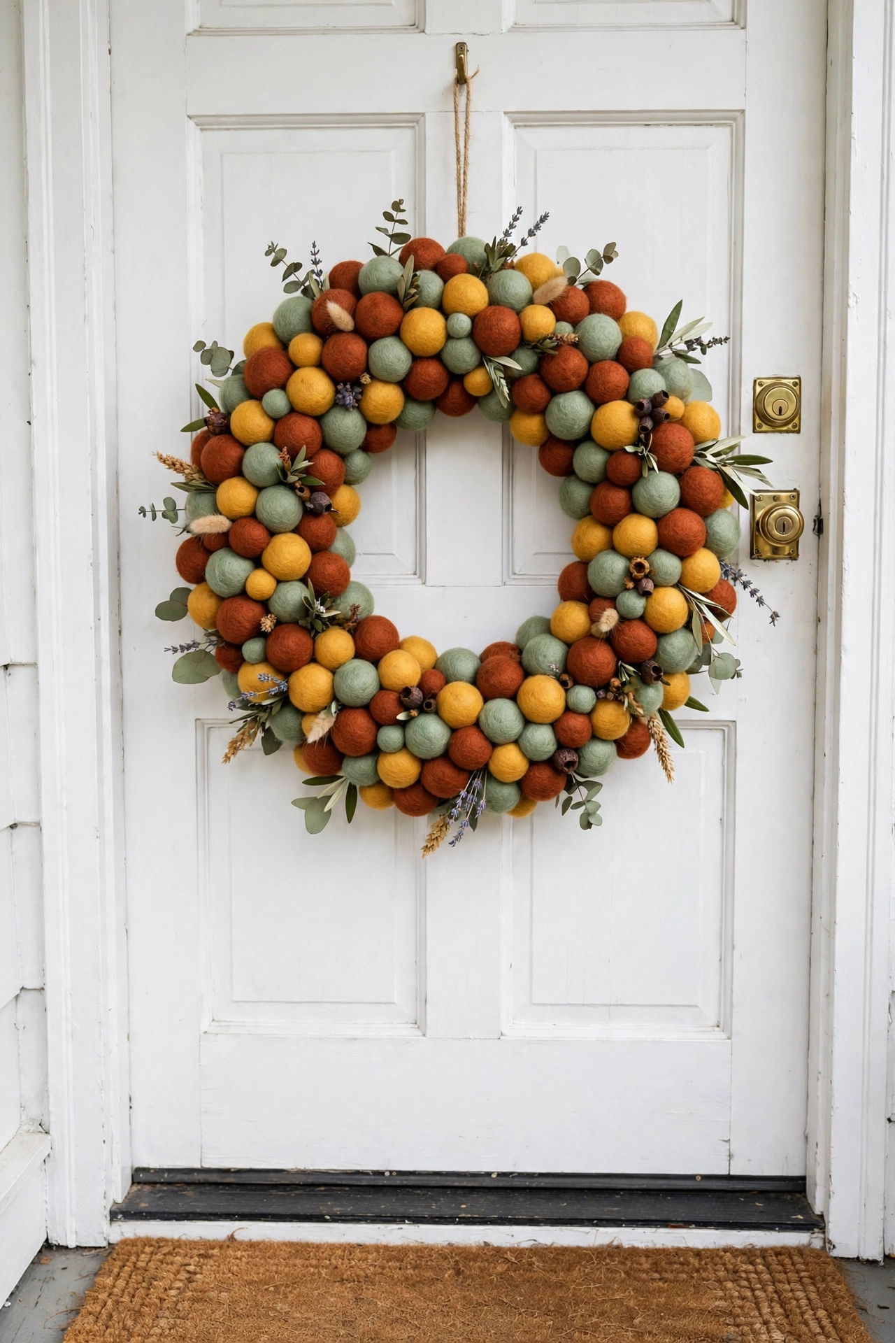 Colorful wool felt ball wreath in rust mustard and sage on a white front door.