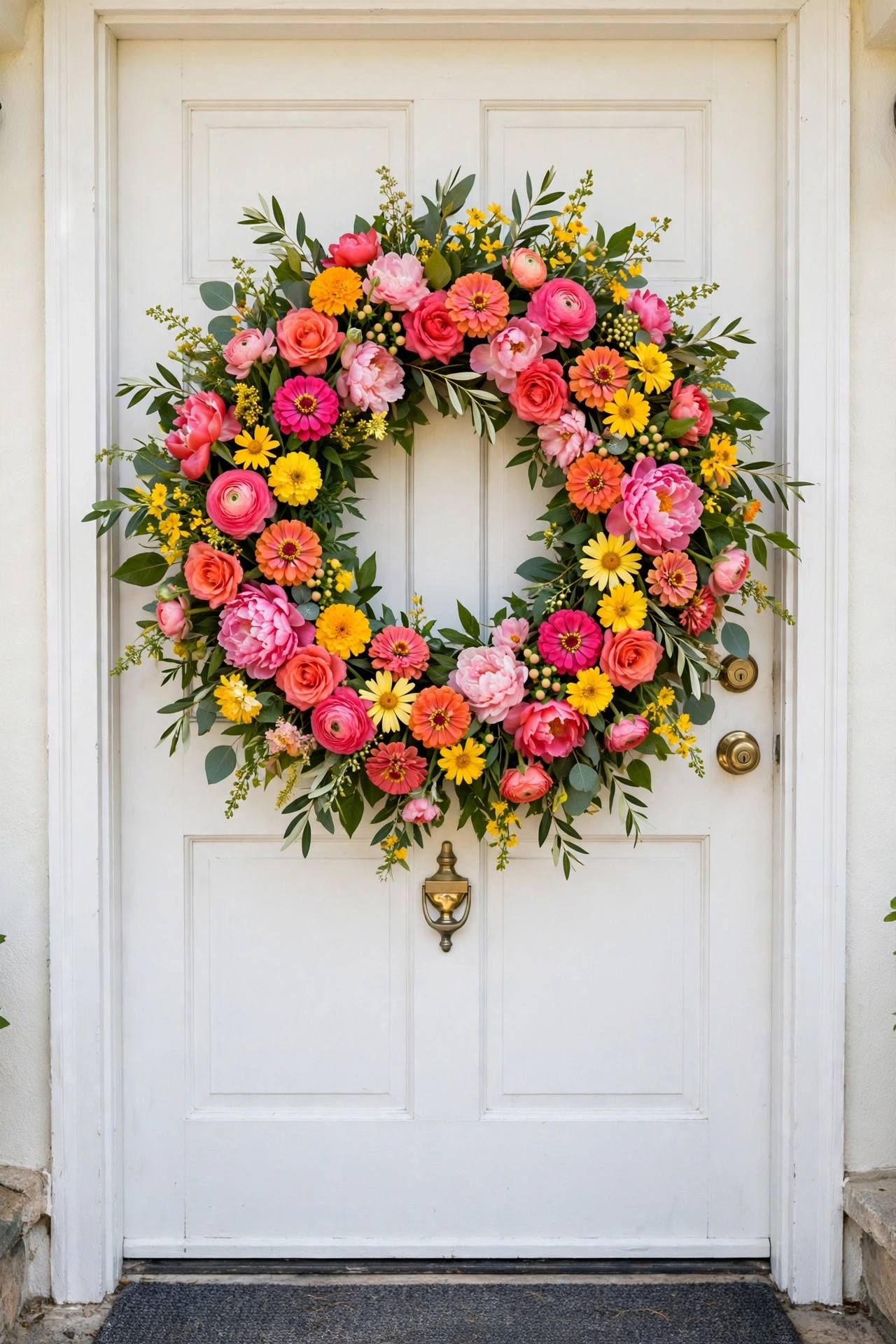 Full wreath of bright pink, coral and yellow summer flowers on a white front door.