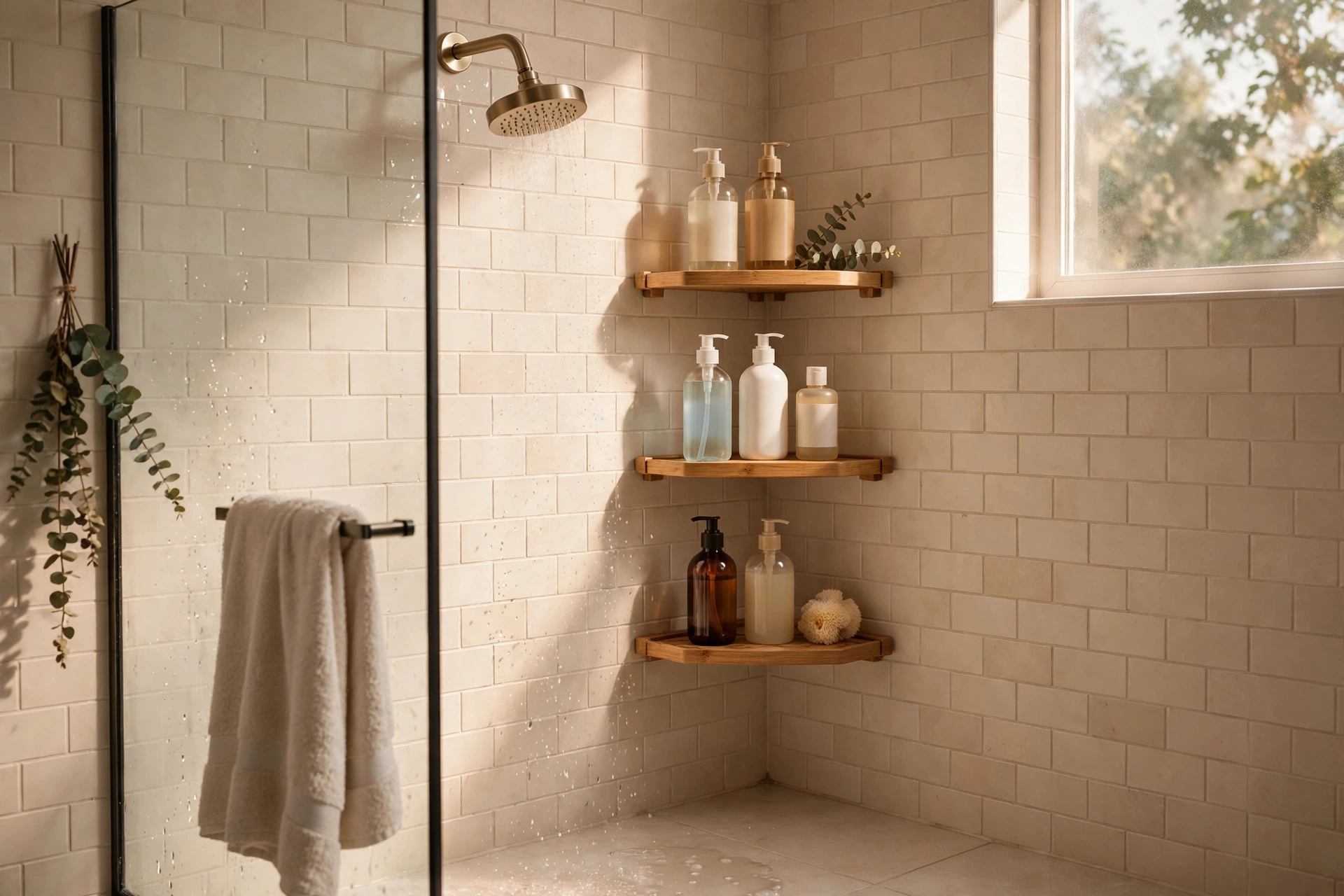 Corner shower shelves in a small bathroom — small bathroom decor idea