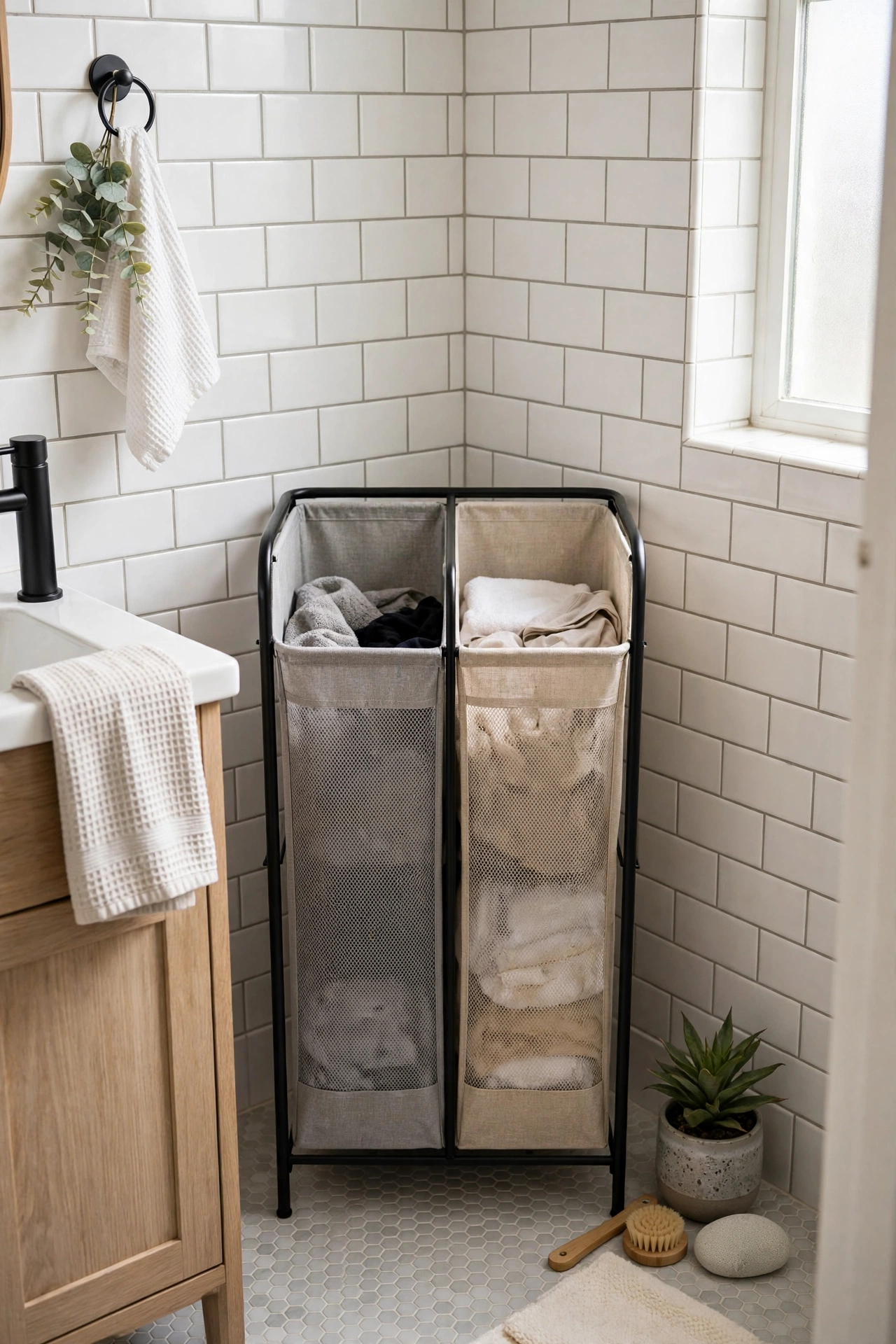 A slim divided laundry hamper with two fabric compartments in a small bathroom corner, realistic photo, no text