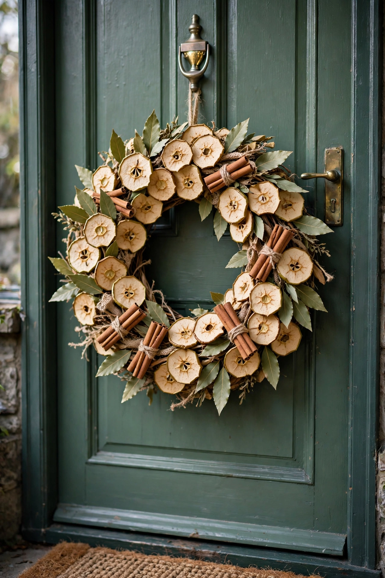 Wreath of dried apple slices bay leaves and cinnamon on a green front door.