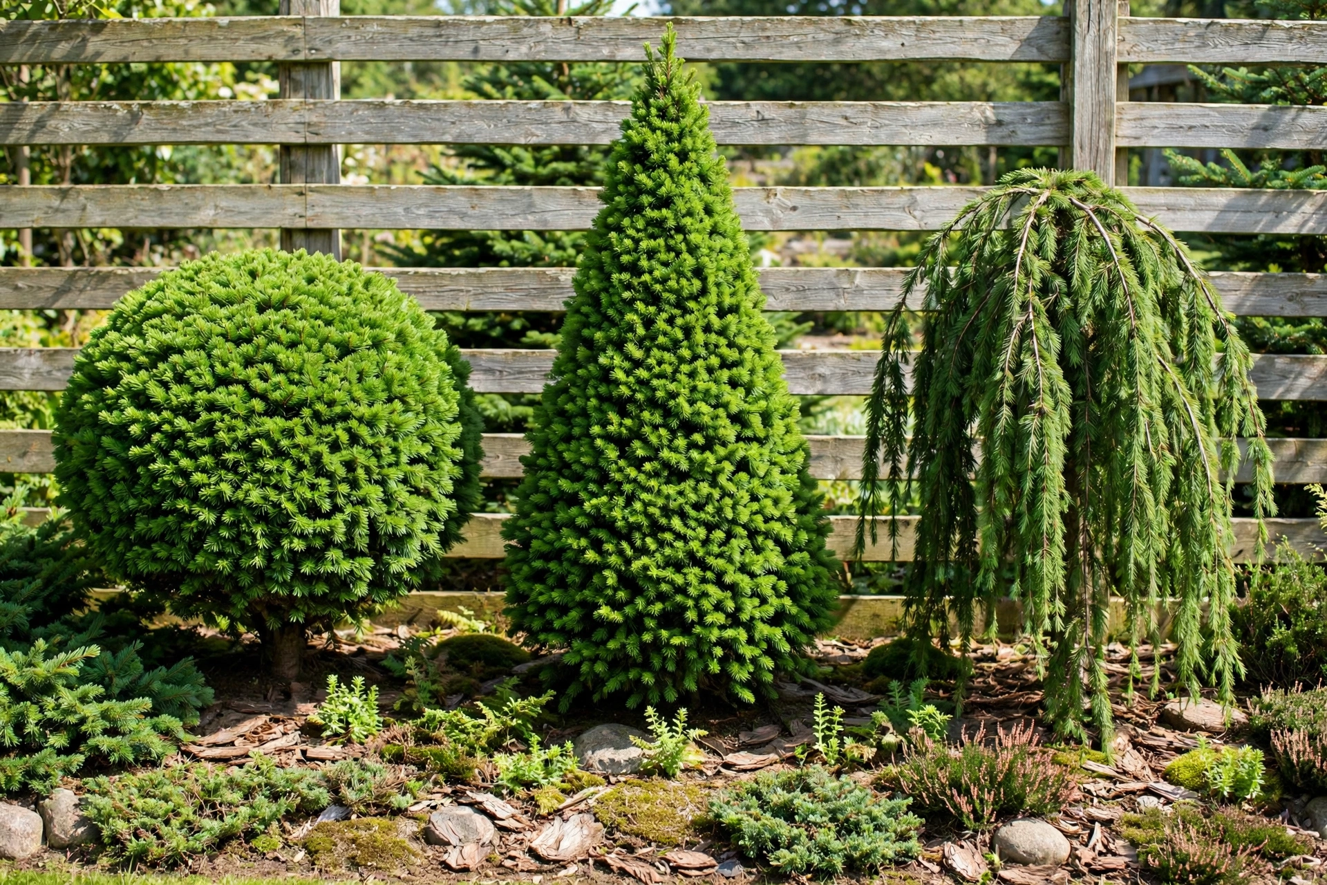 A row of dwarf conifer trees in varied shapes planted along a wooden fence.