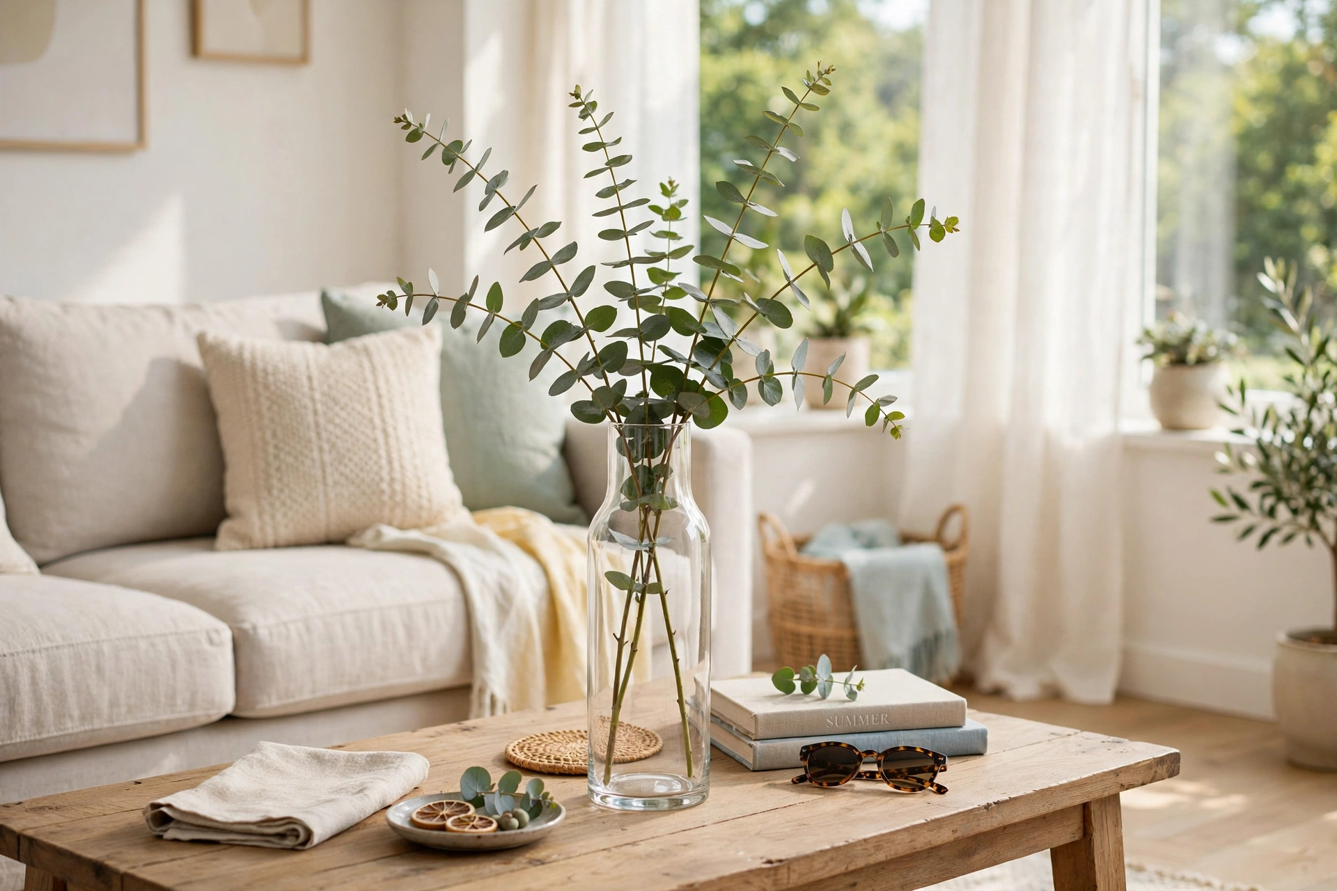 Tall clear glass vase with eucalyptus sprigs on a coffee table in a bright living room.