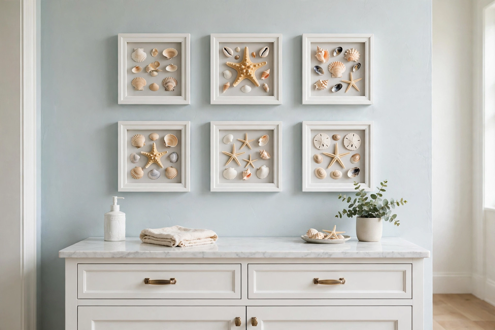 Grid of small white frames containing seashells arranged on a pale blue bathroom wall