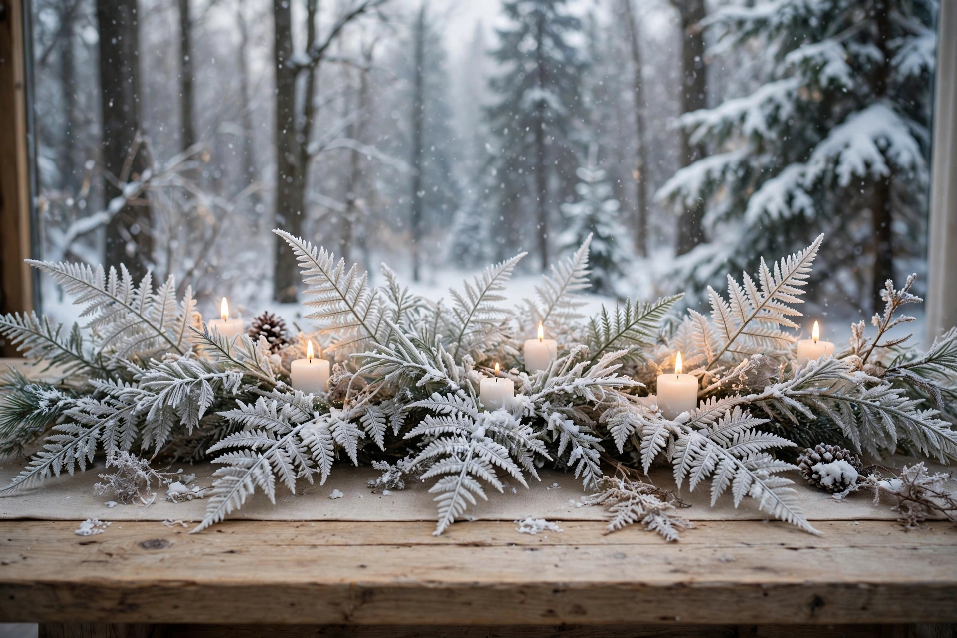 Frosted fern garland with white candles on a dining table