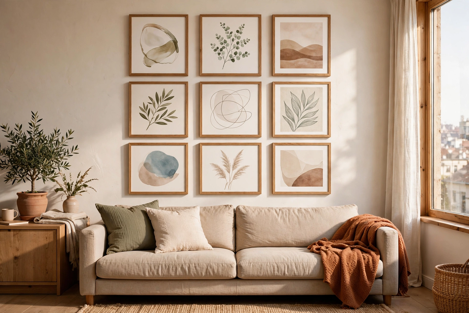 A curated gallery wall of framed art prints above a sofa in a studio apartment living area