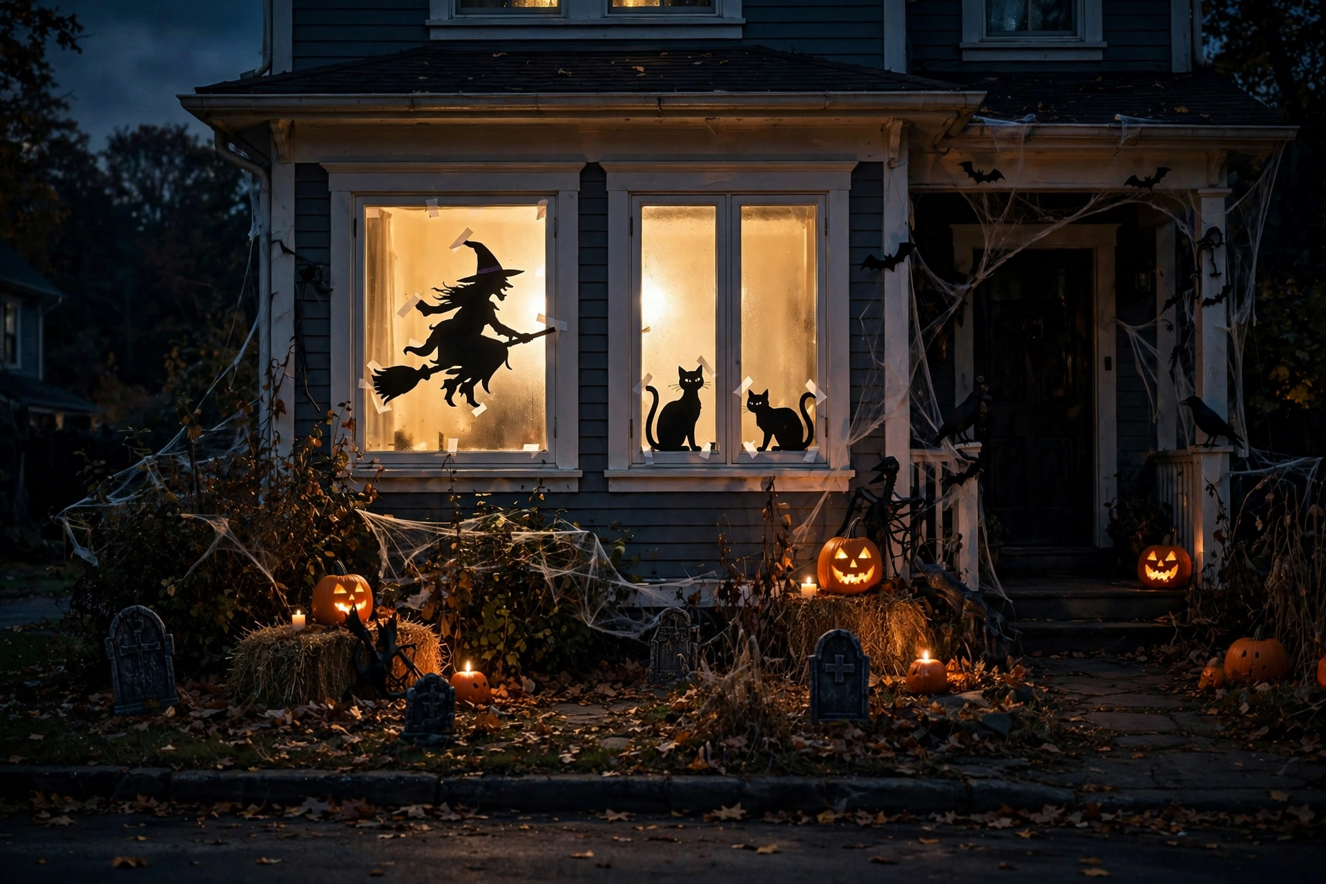 Black paper witch and cat silhouettes glowing in lit front windows at night.