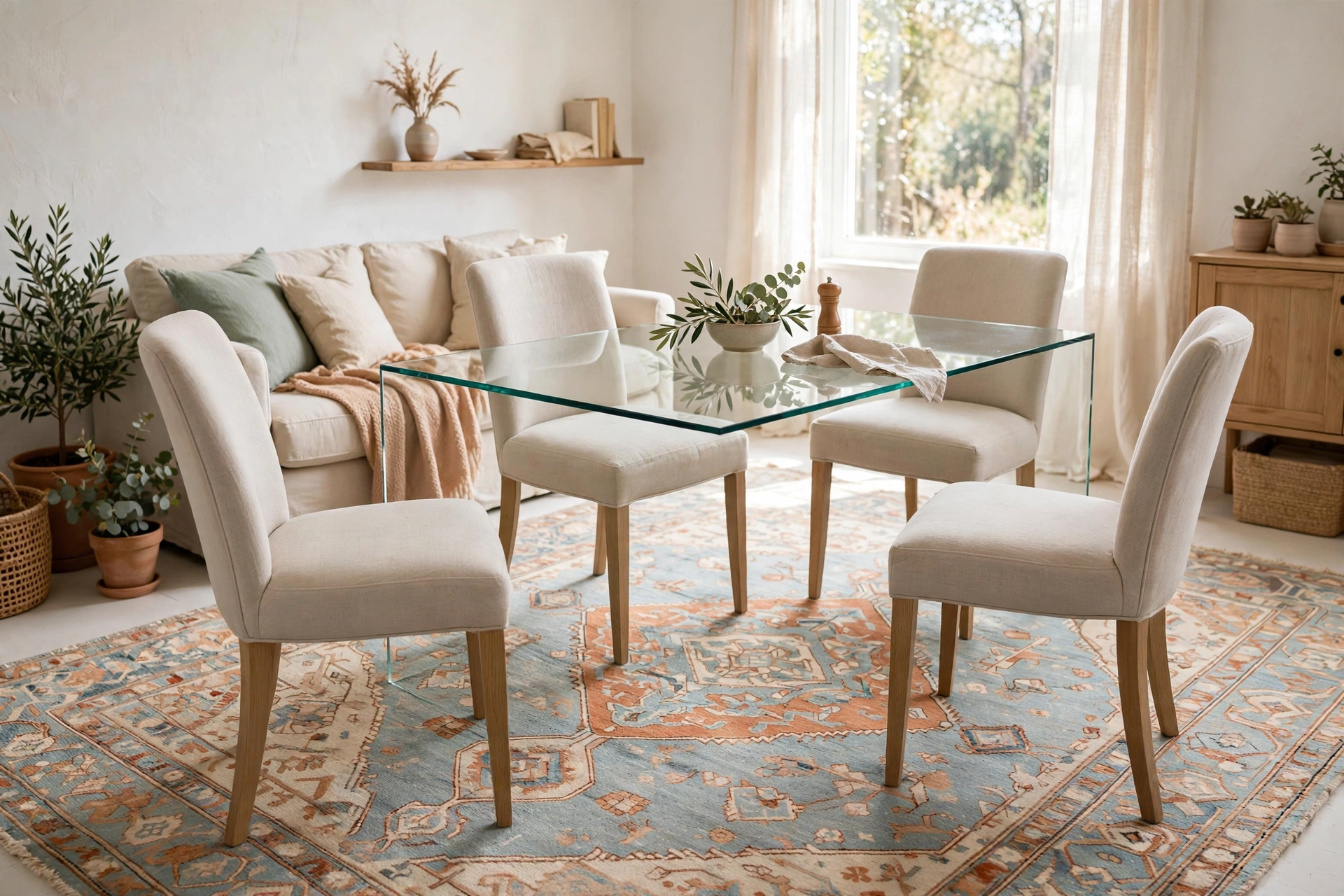 Glass-top dining table with upholstered chairs in a bright small combo room.