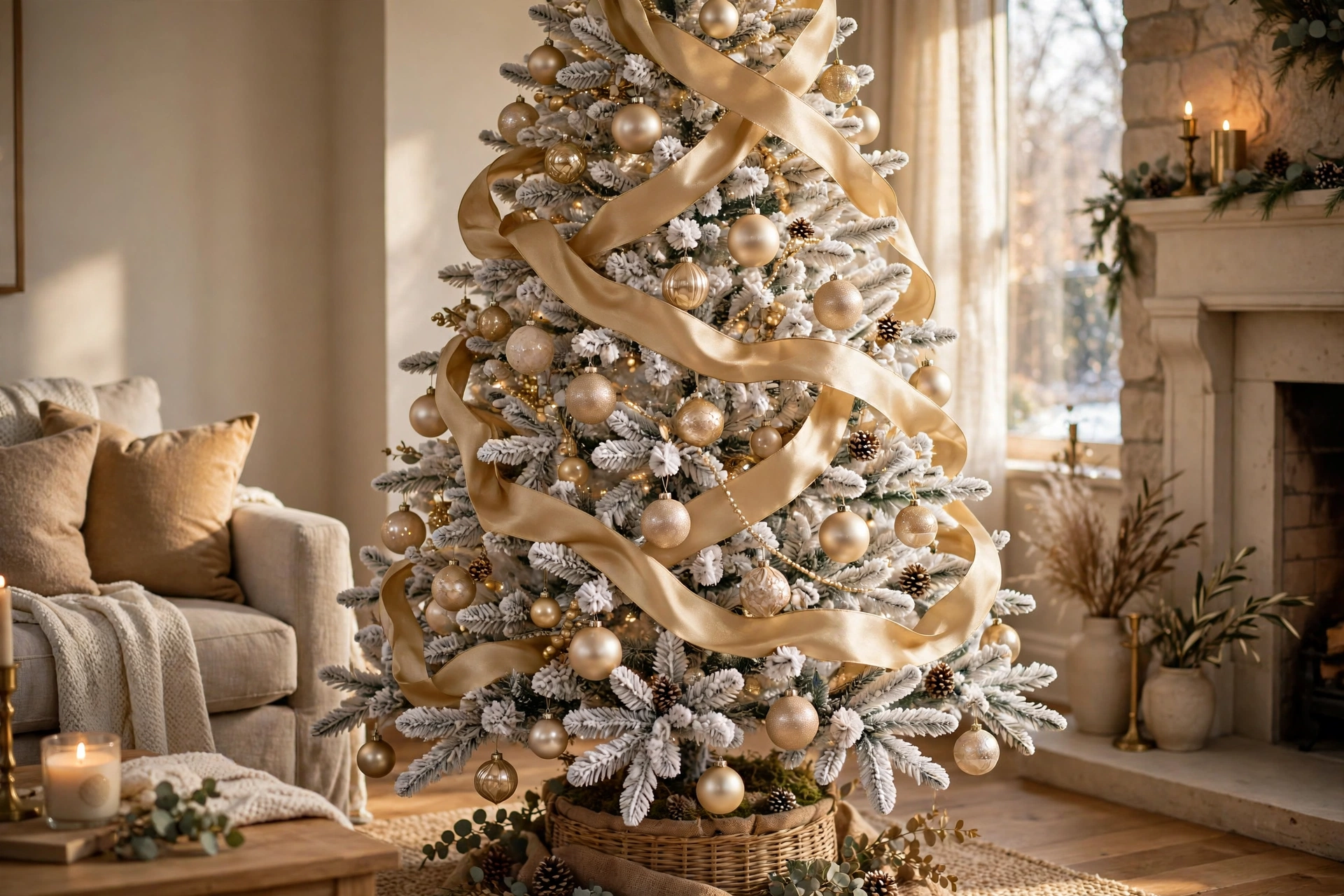 Gold ribbon cascade tree — white Christmas tree idea