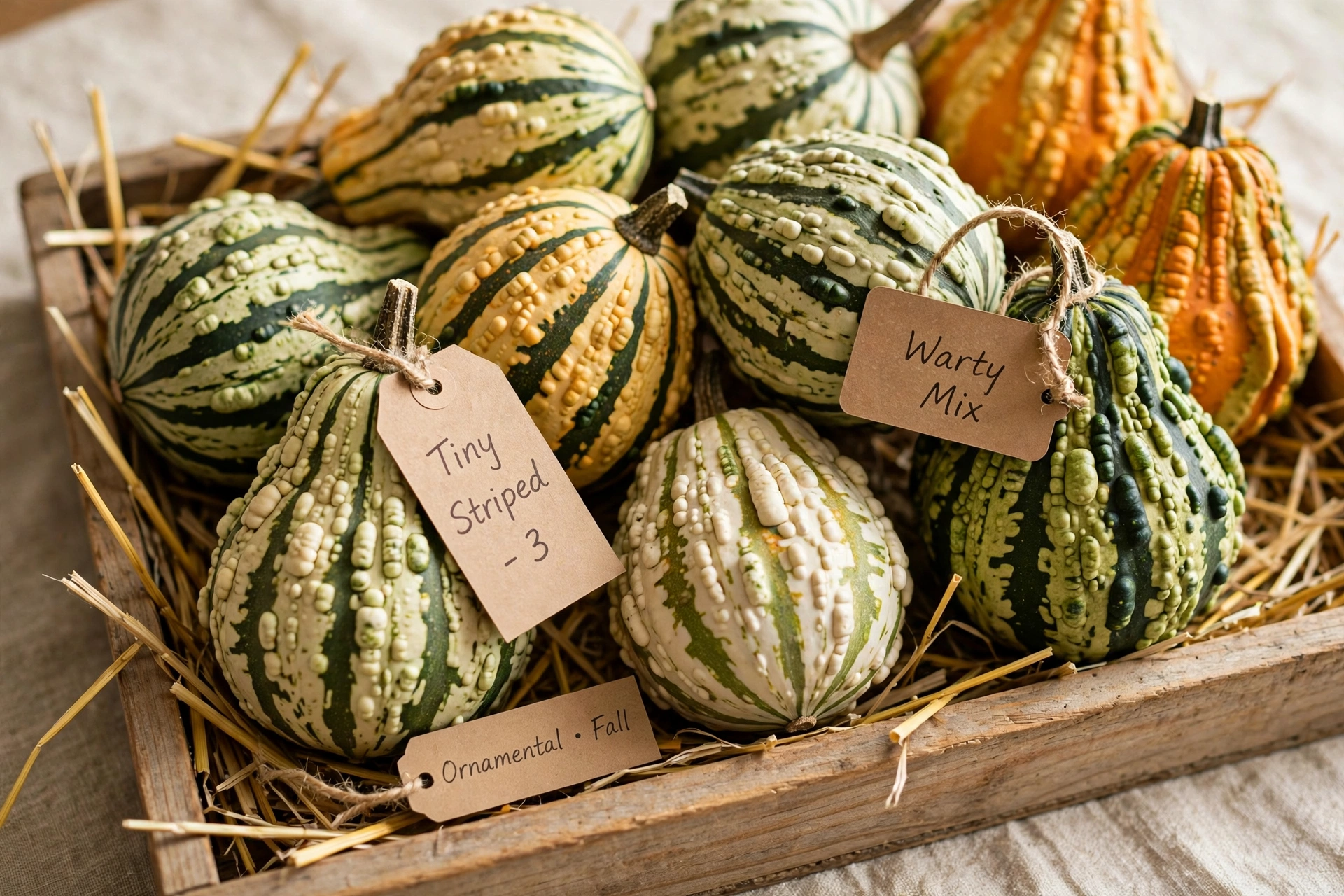 Simple tray piled with warty, striped ornamental gourds and straw with kraft paper tags.