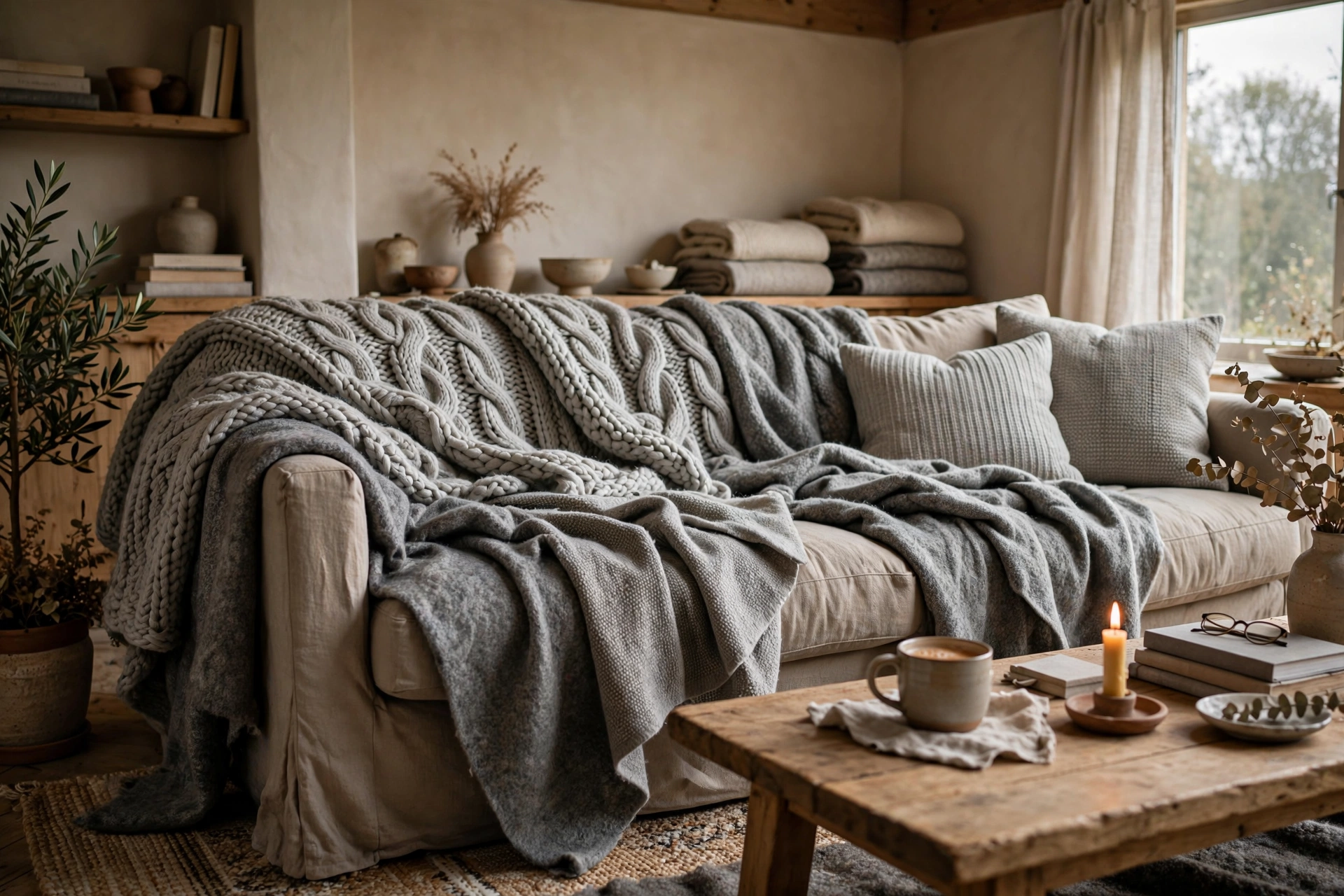Sofa layered with grey wool blankets and chunky knit throws in a cozy living room.