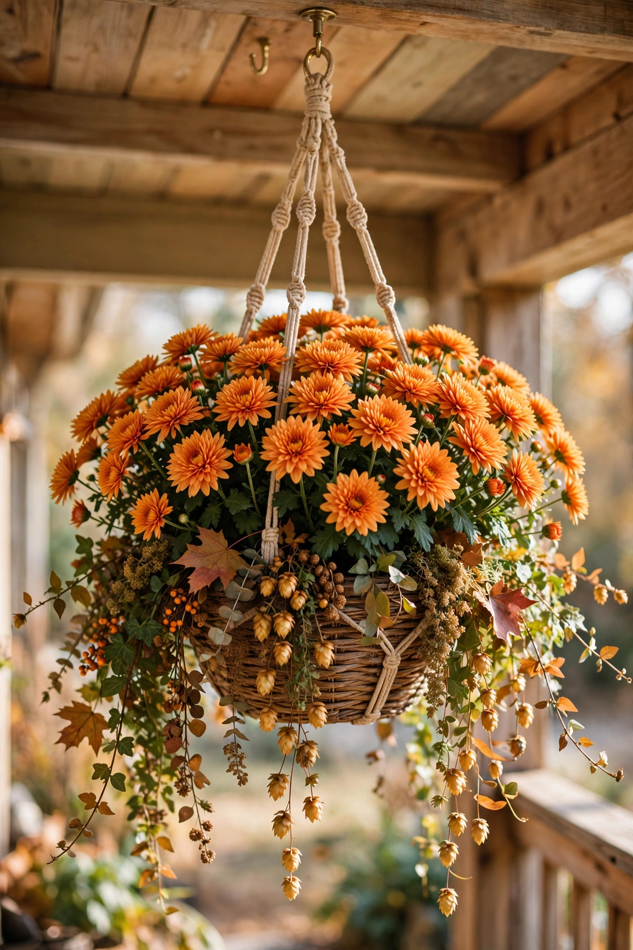 Hanging basket of orange mums suspended from a porch ceiling.