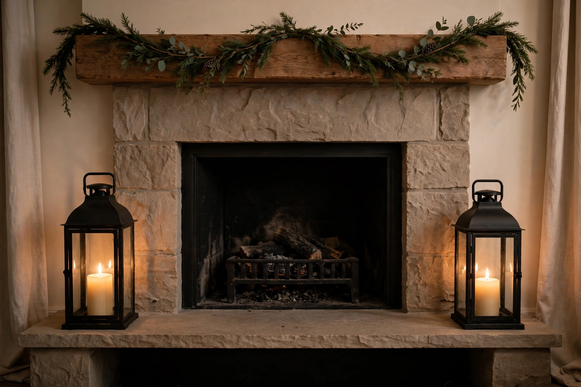 Two black lanterns with lit pillar candles flanking a fireplace with a simple green garland on the mantel.