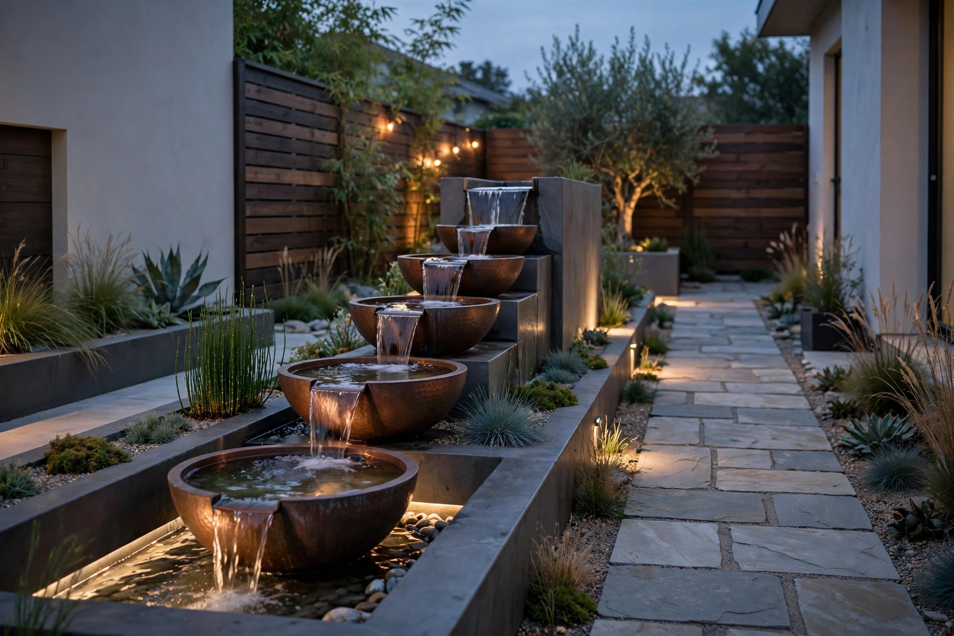 Narrow modern water feature with spill bowls running alongside a path in a side yard, evening light.