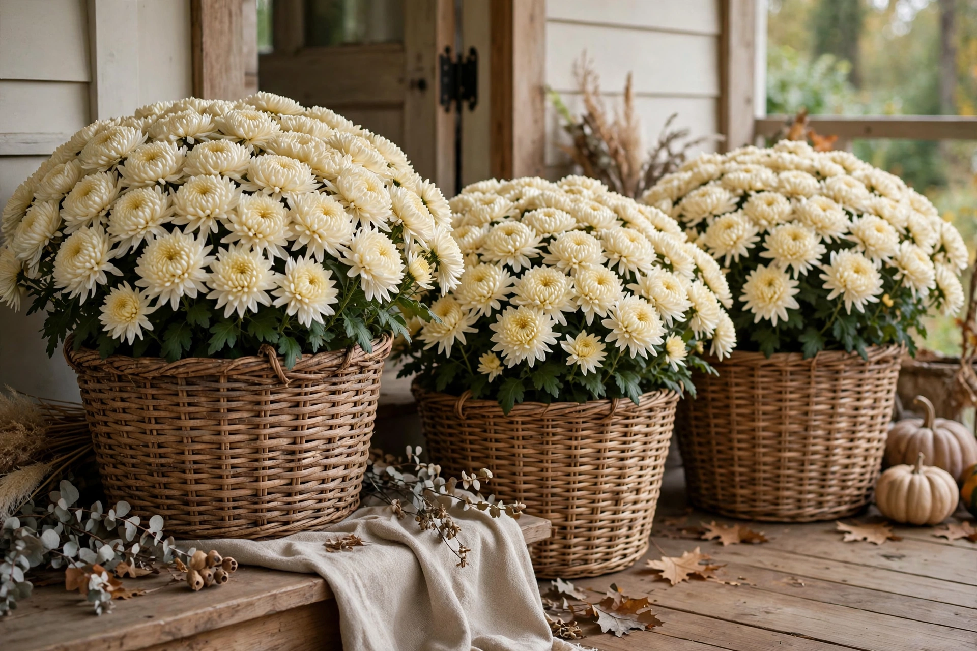 Cream mums planted in large natural woven baskets on a porch.