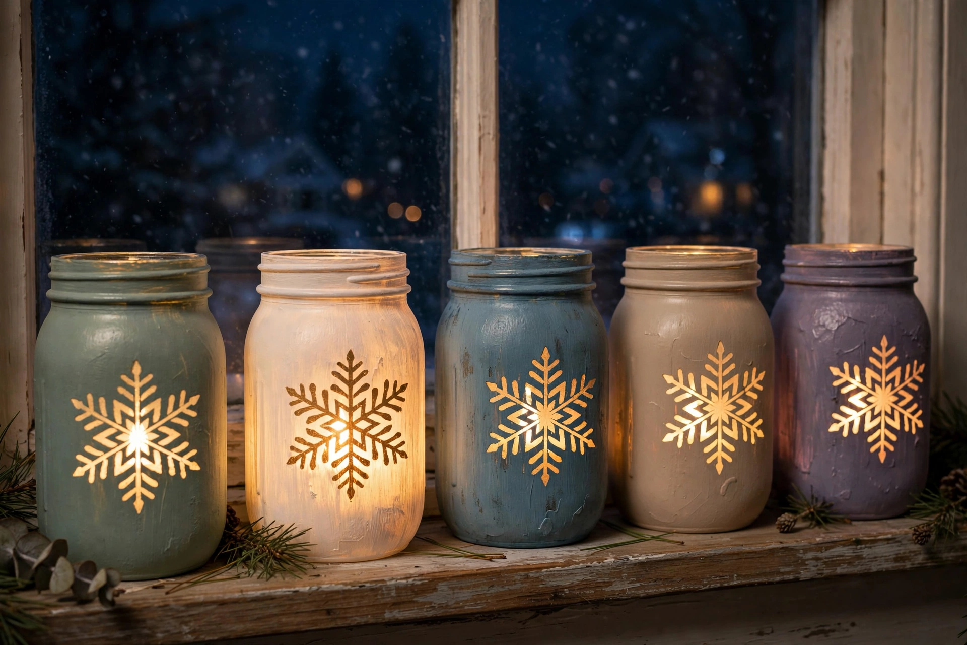 Painted mason jar luminaries with gold snowflake stencils glowing with LED candles on a windowsill.