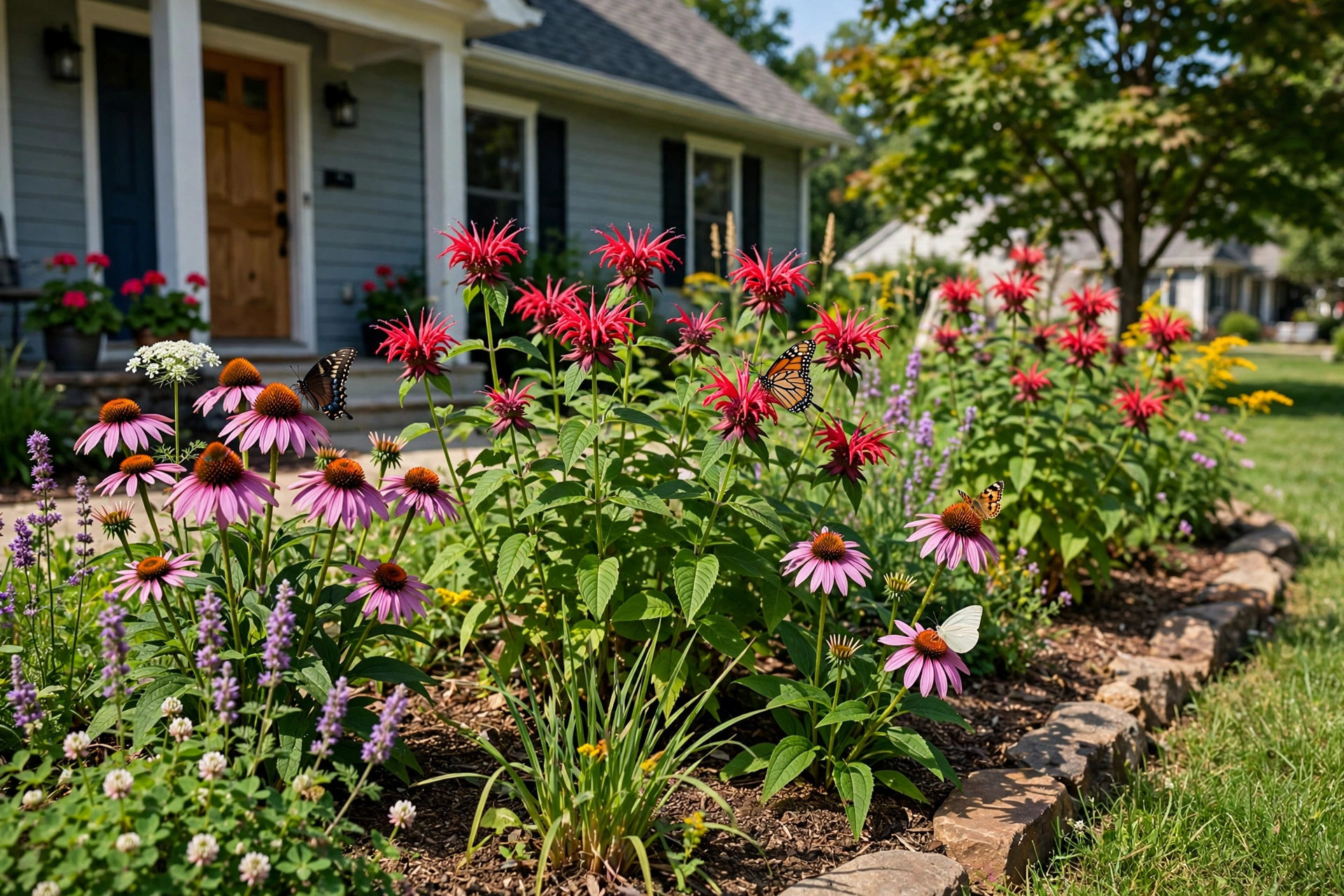 Sunny perennial strip with coneflowers and bee balm attracting butterflies in a front yard.