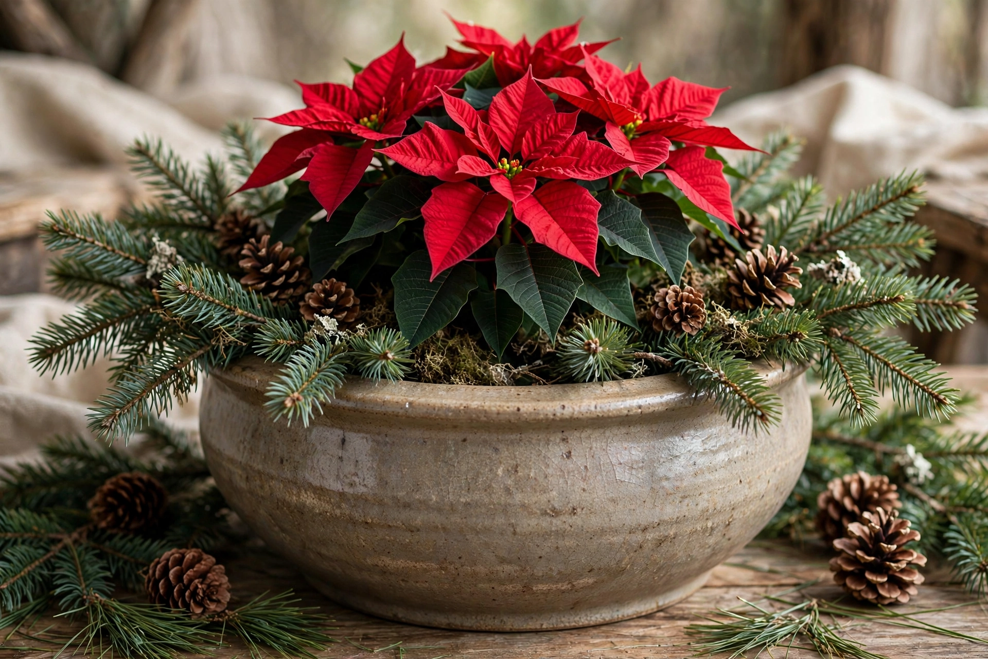 Wide ceramic pot with red poinsettia surrounded by pine boughs and pinecones.