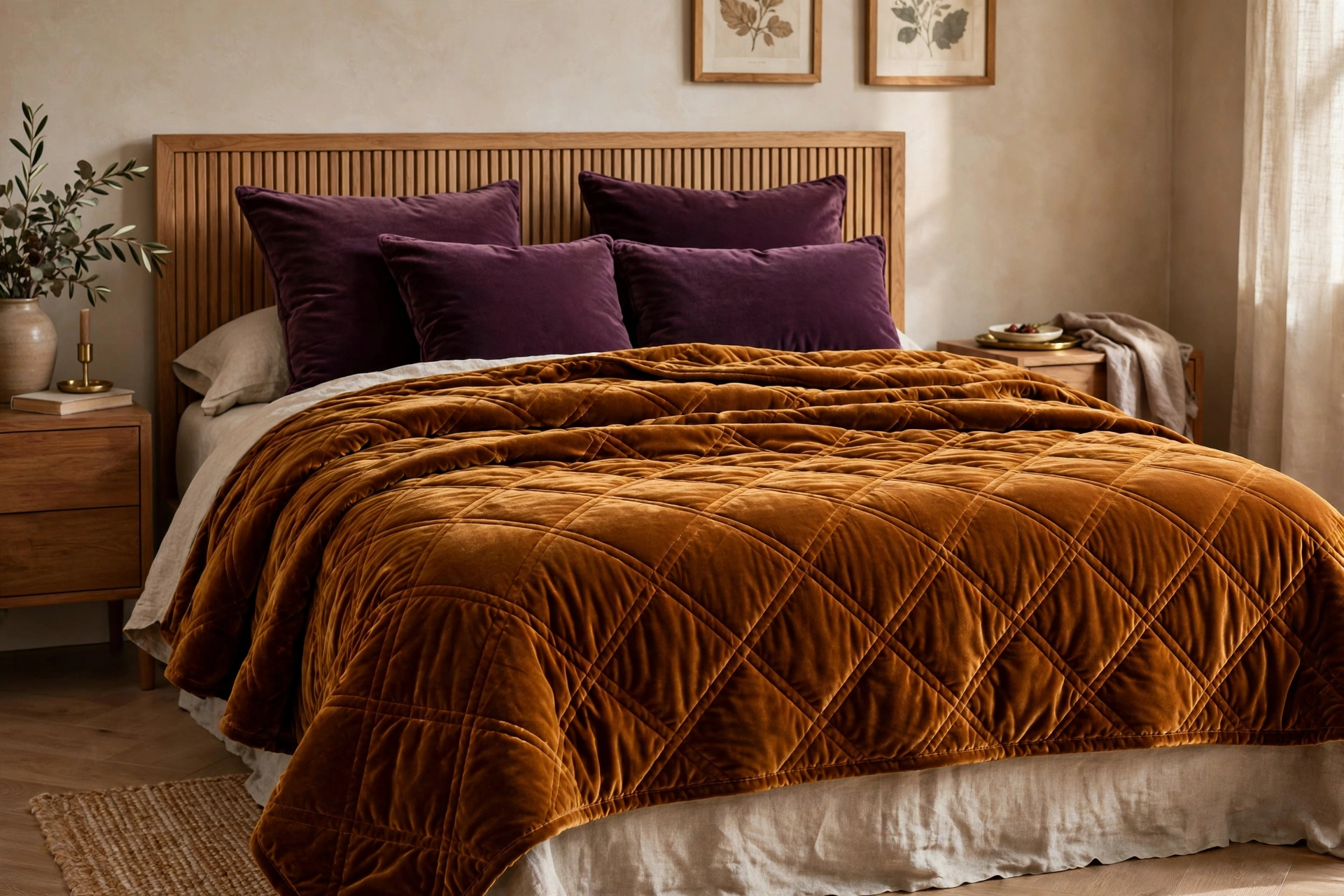 Quilted velvet coverlet in deep amber with plum velvet cushions on a bed.