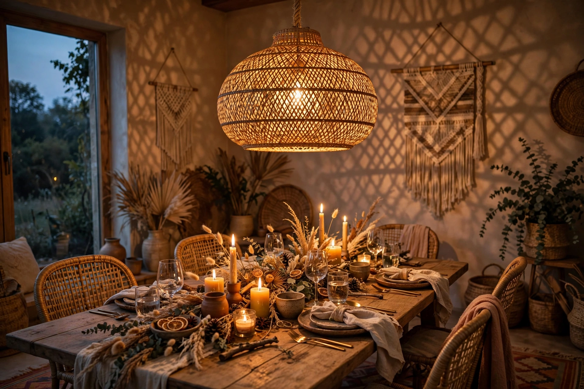 A woven rattan pendant light glowing over a styled holiday dining table