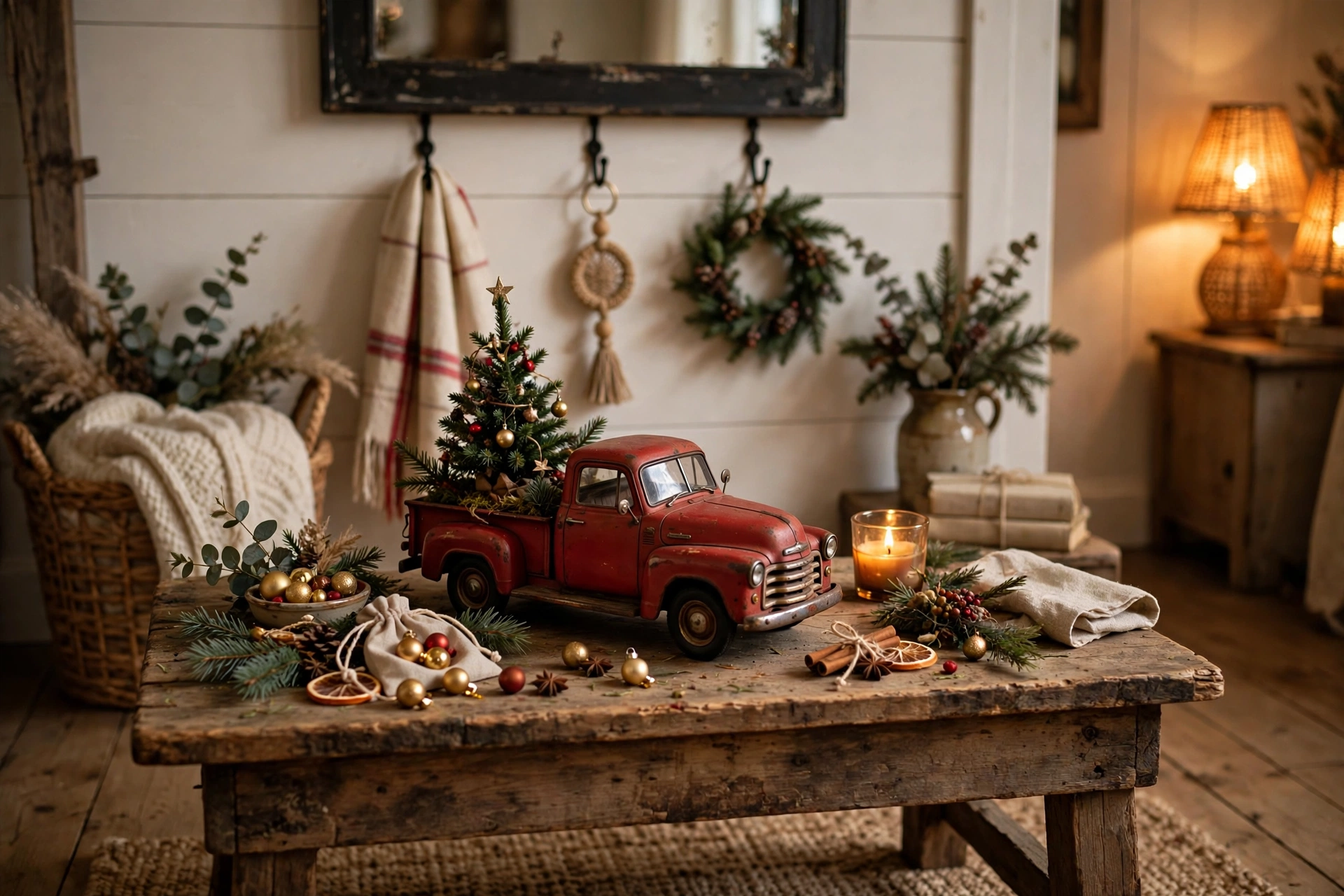 Red truck carrying a Christmas tree on an entryway table