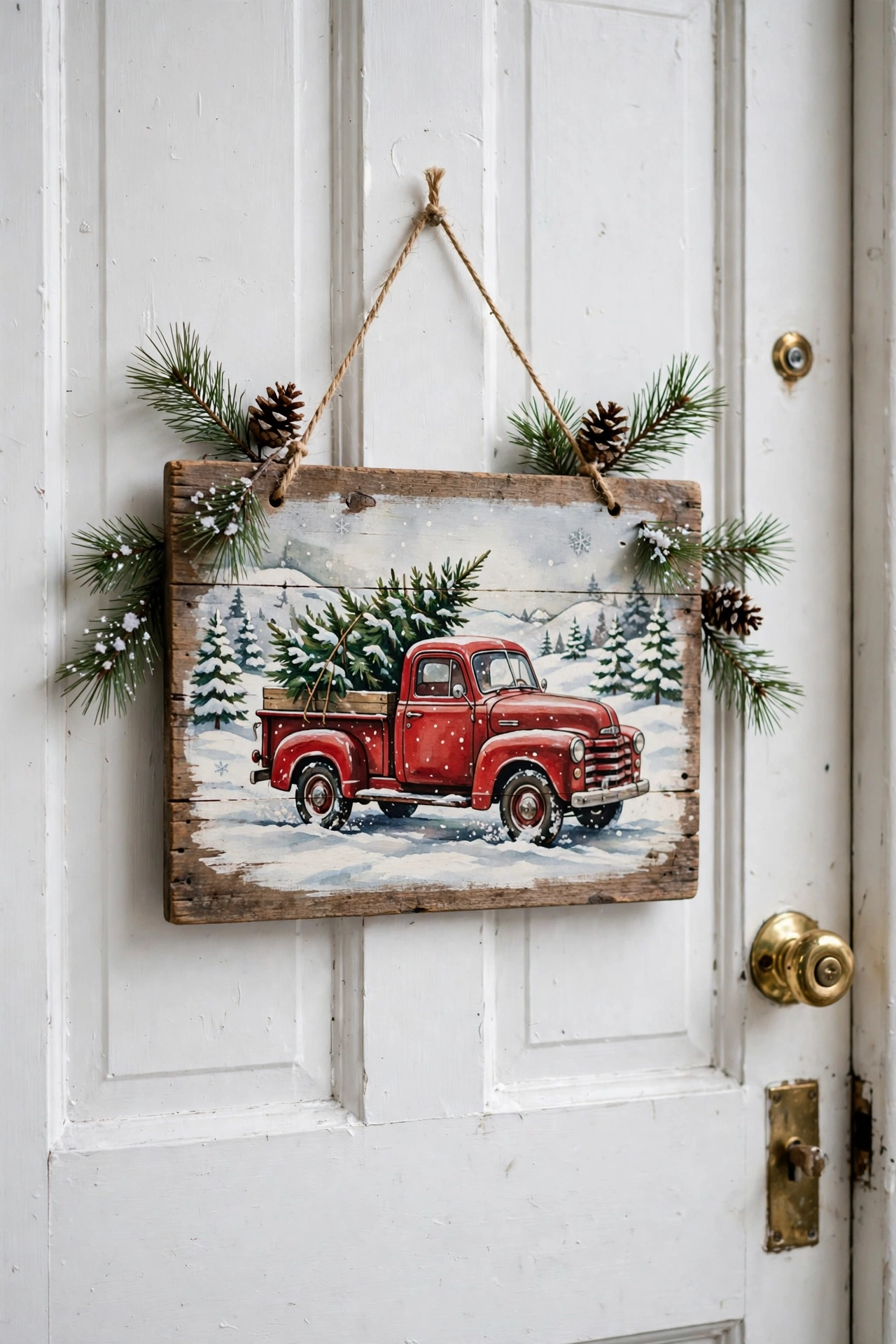 Vintage-style wooden door sign painted with a red pickup truck carrying a Christmas tree in snow, hung on a white apartment door.