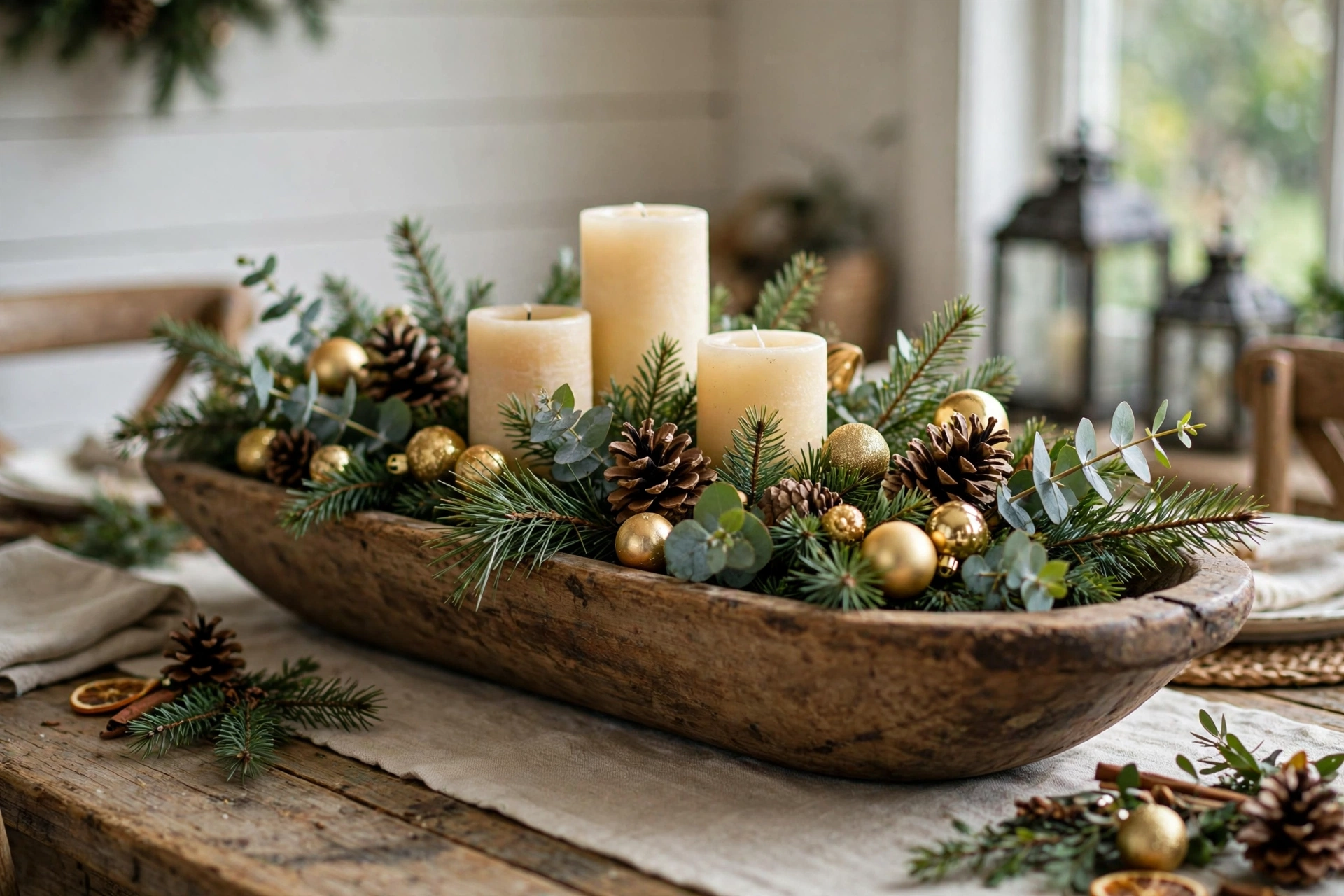 Long wooden dough bowl centerpiece filled with greenery, pinecones and pillar candles.