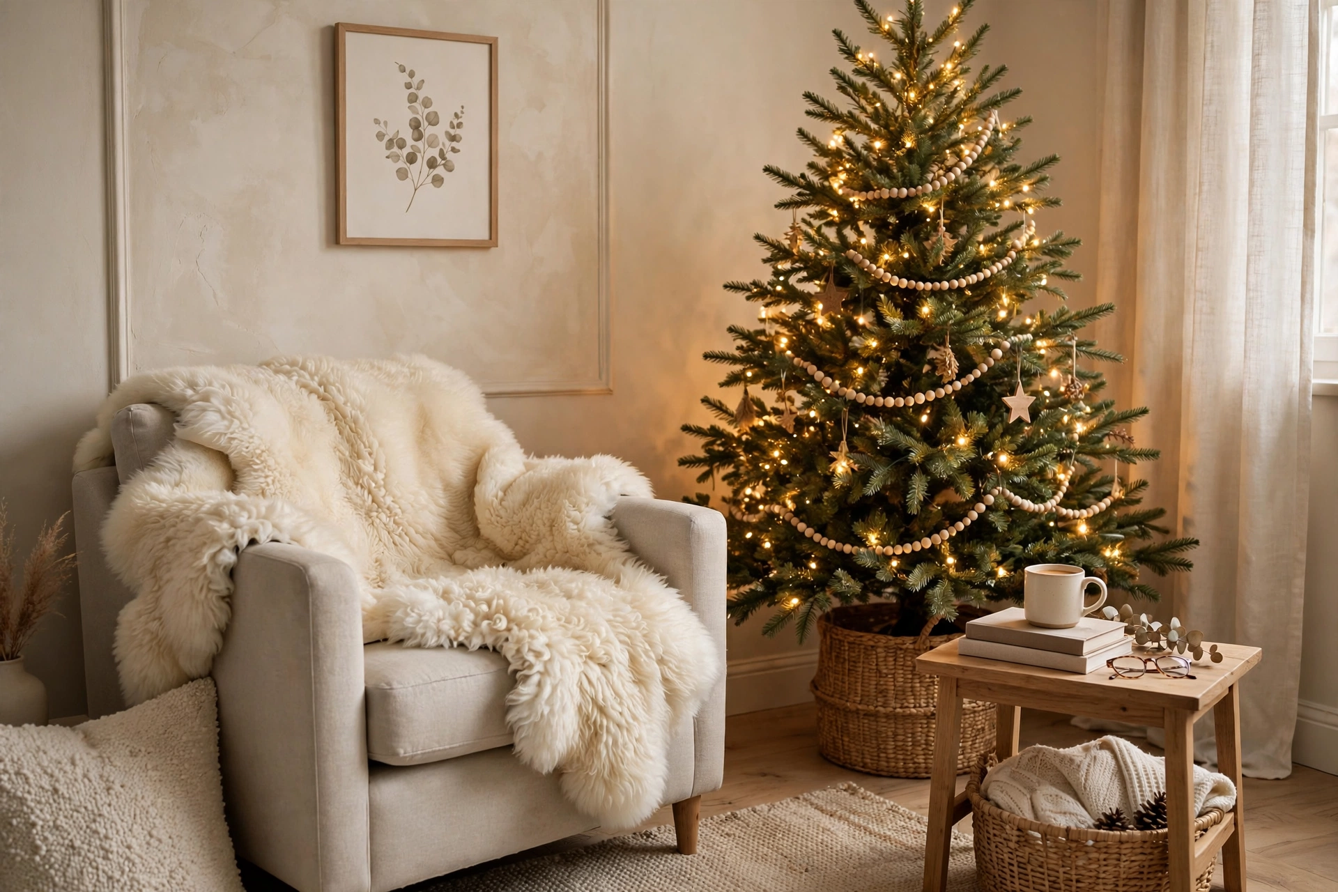 A cream sheepskin draped over an armchair beside a Christmas tree in a cozy corner.