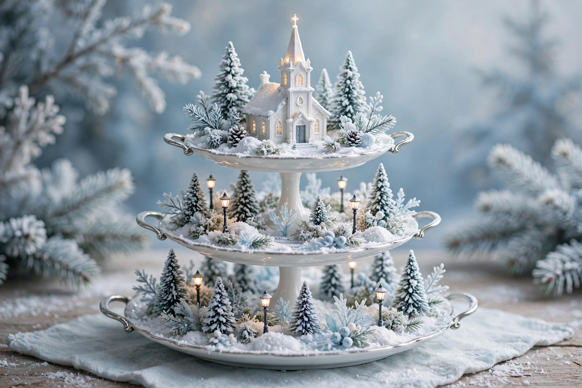 Snowy church scene — Christmas tiered tray idea