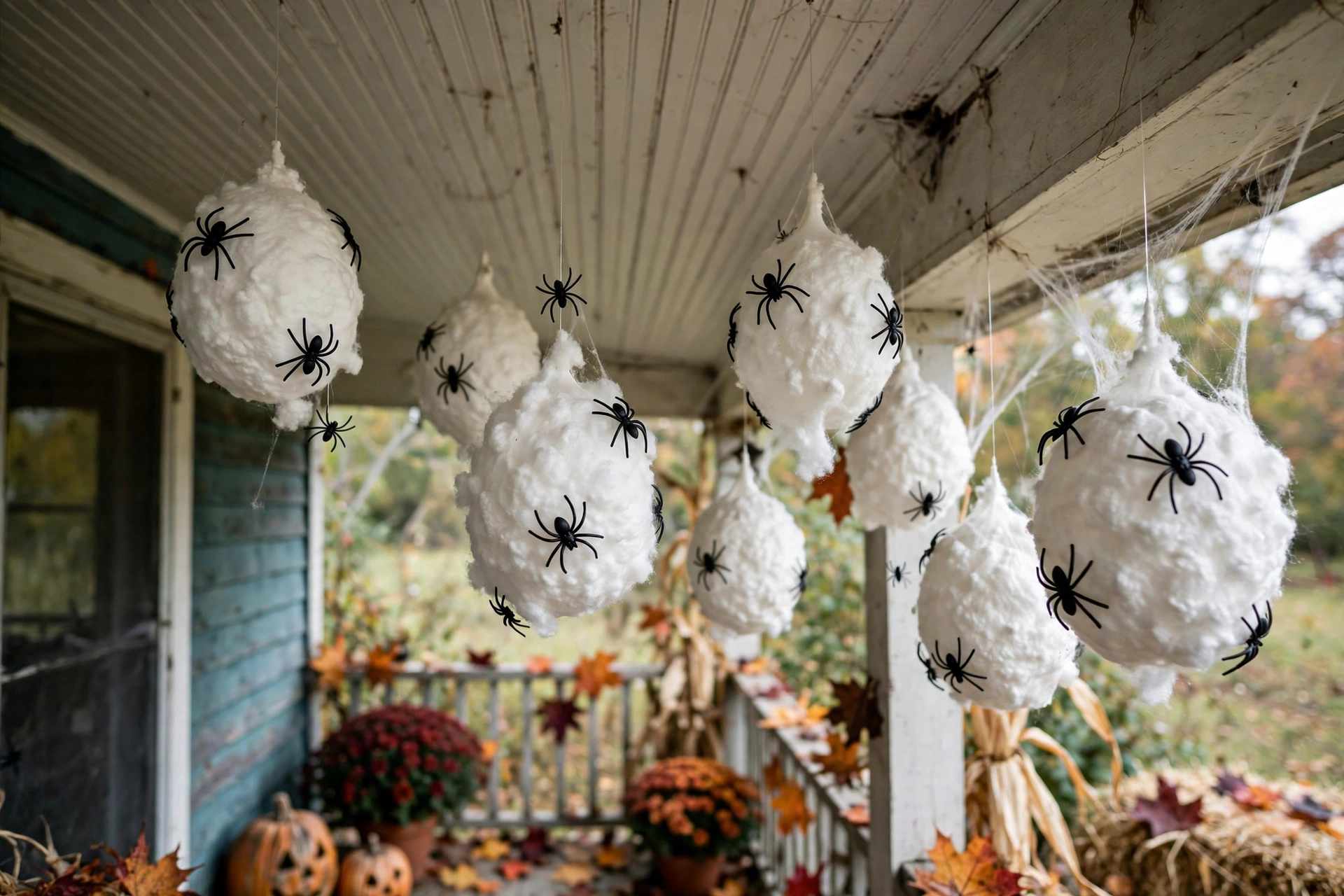 White batting spider egg sacs hanging from a porch ceiling with tiny plastic spiders.
