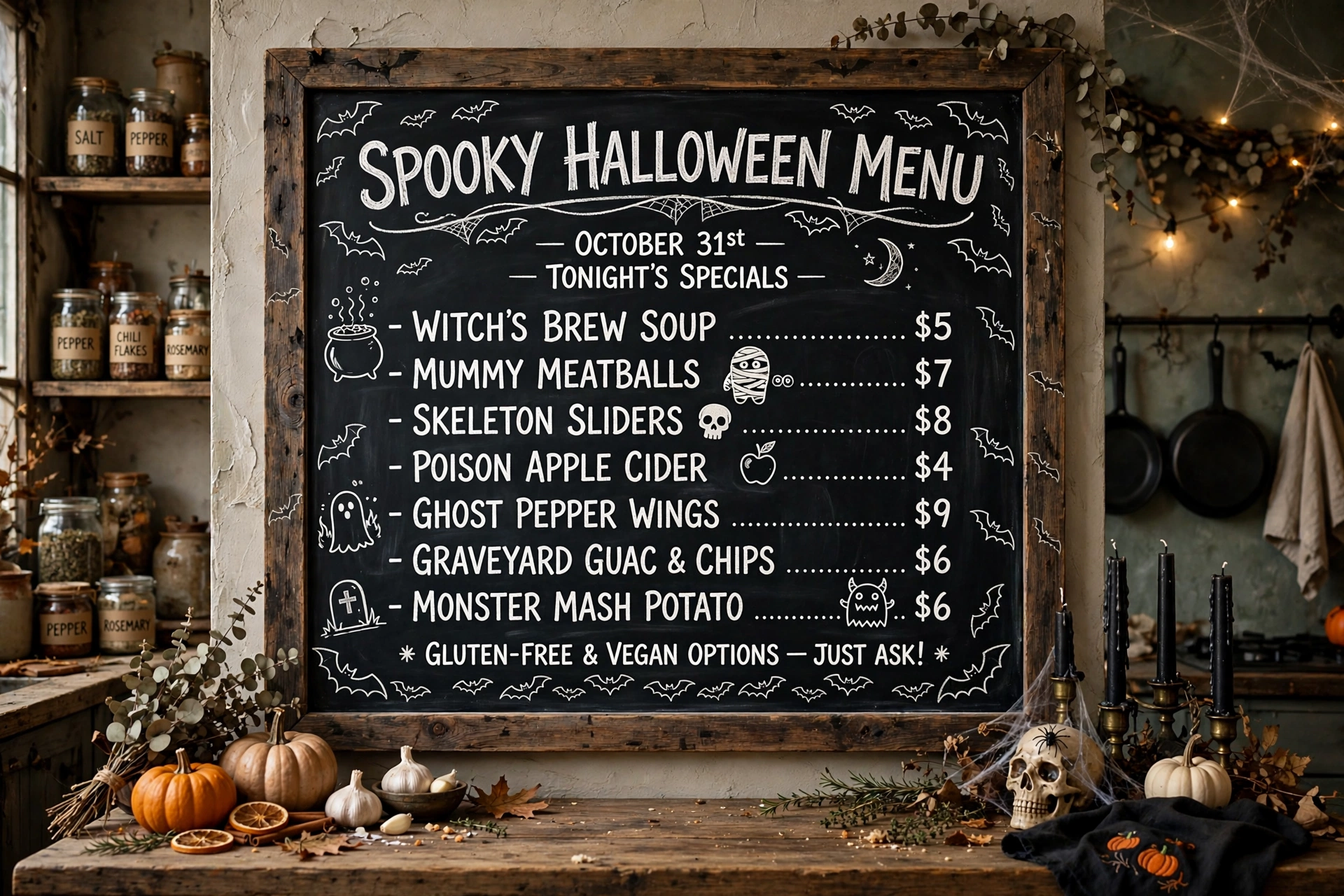 Kitchen chalkboard with handwritten spooky halloween menu and bat doodles.