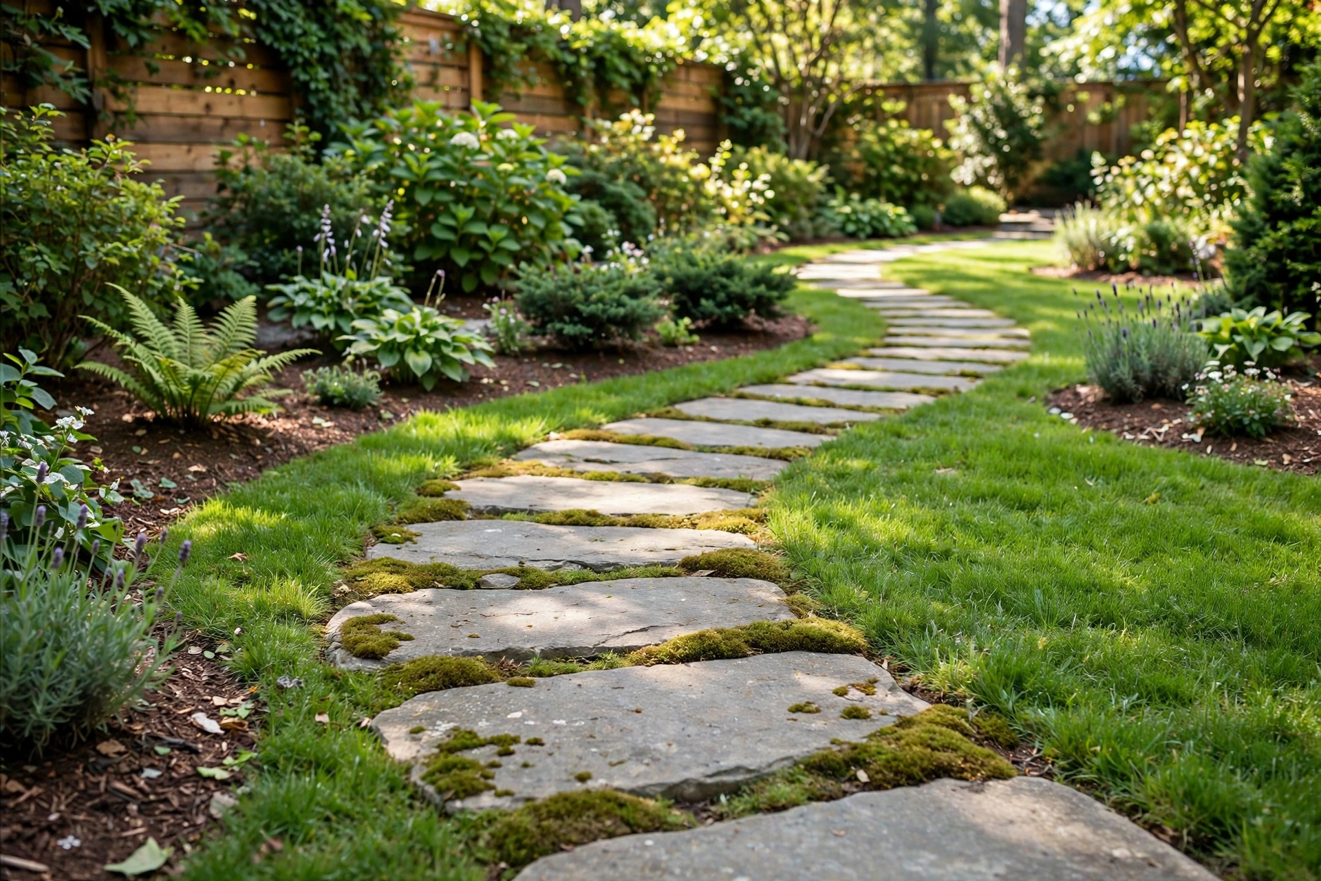 A curved stepping stone path through green lawn and mulch beds, with moss growing between flat stones