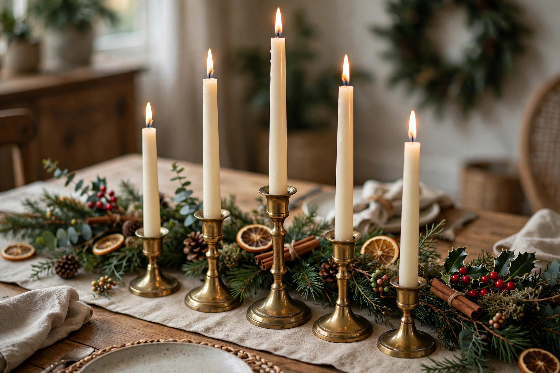 Five tall taper candles at staggered heights in brass holders down a holiday table.