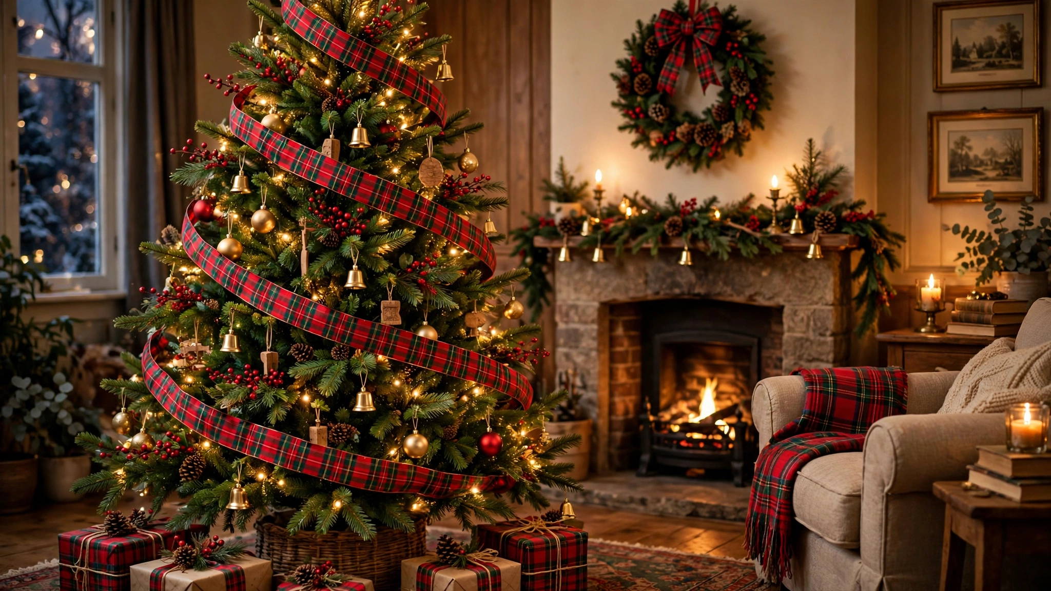 Christmas tree with classic red green tartan ribbon spiraling down the branches