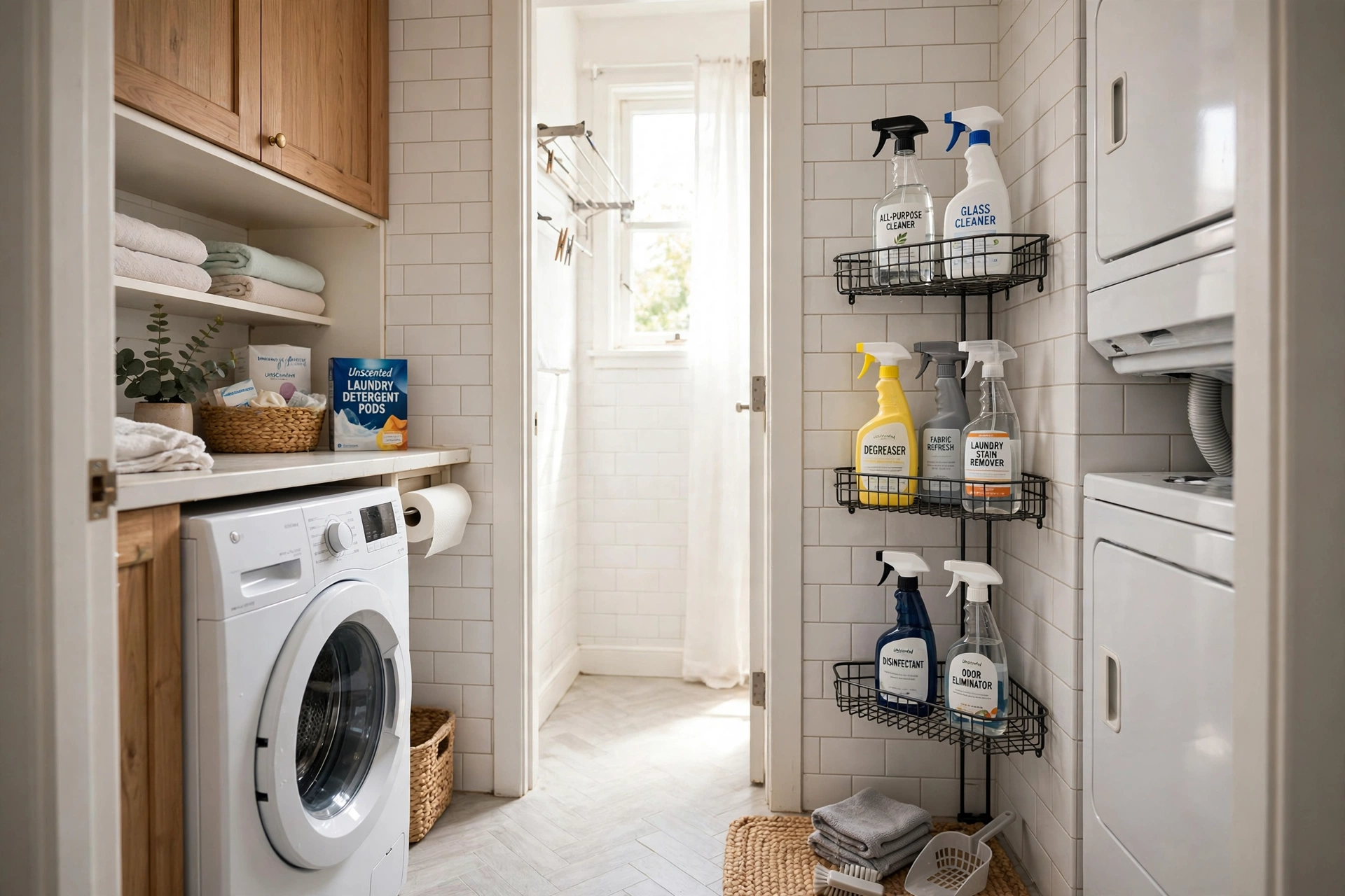 Tiered corner caddy — small narrow laundry room idea