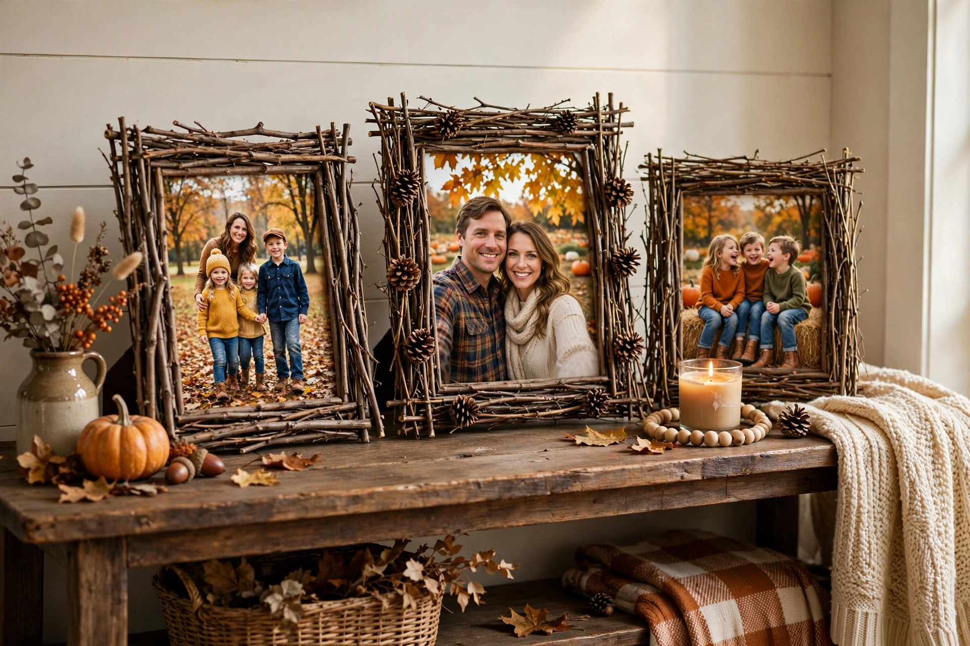 Rustic twig-covered picture frames holding autumn family photos on a console table.