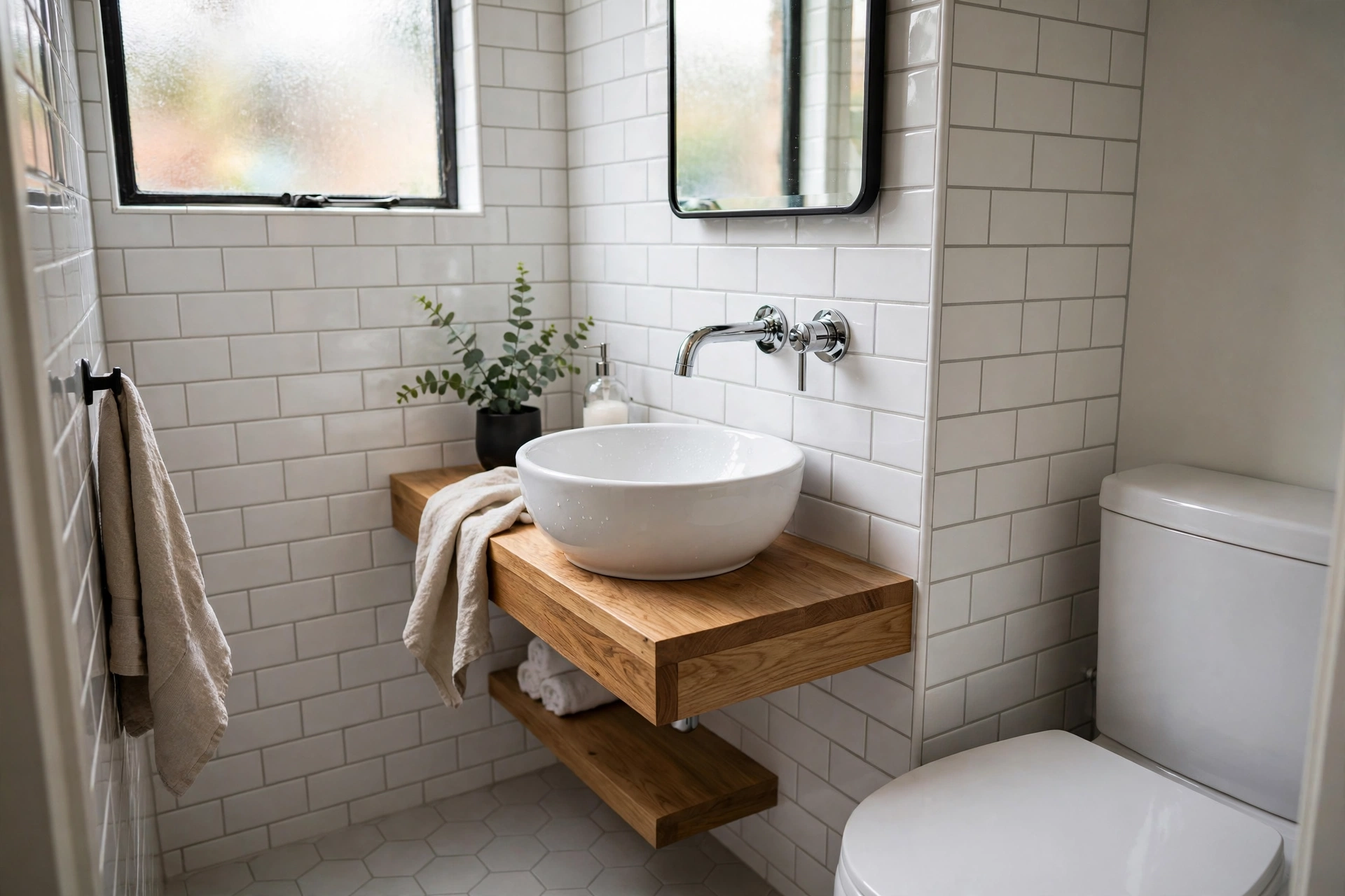 Vessel sink on a narrow counter — small bathroom idea