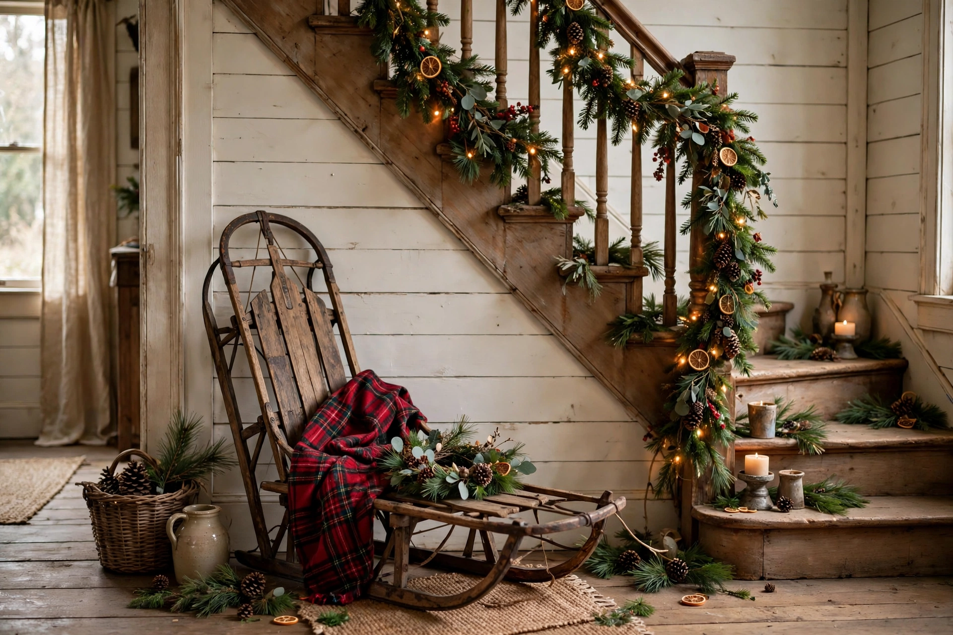 Vintage wooden sled decorated with a wreath and plaid blanket at the base of a staircase.