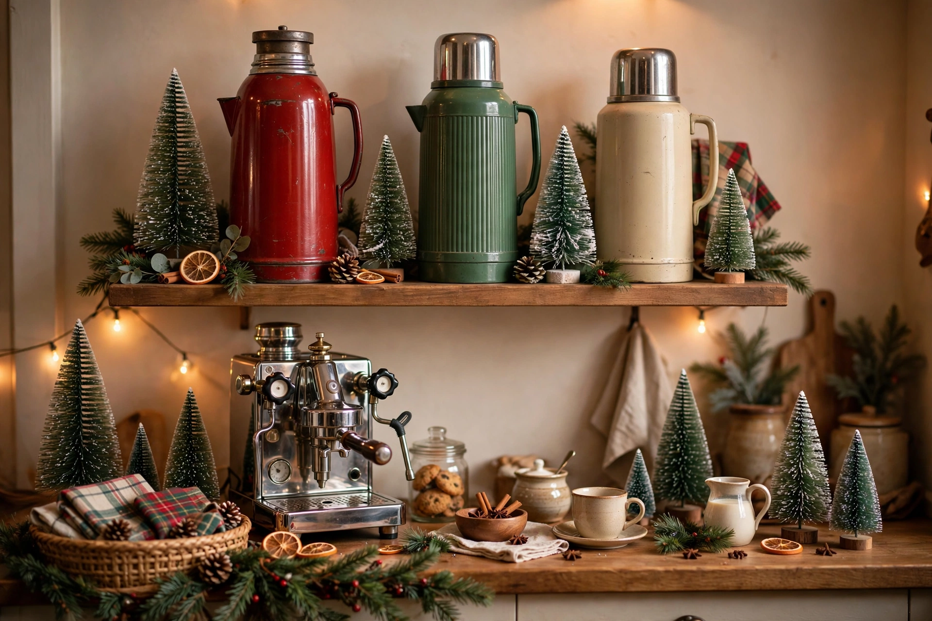 Shelf display of vintage-style thermoses with bottle brush trees
