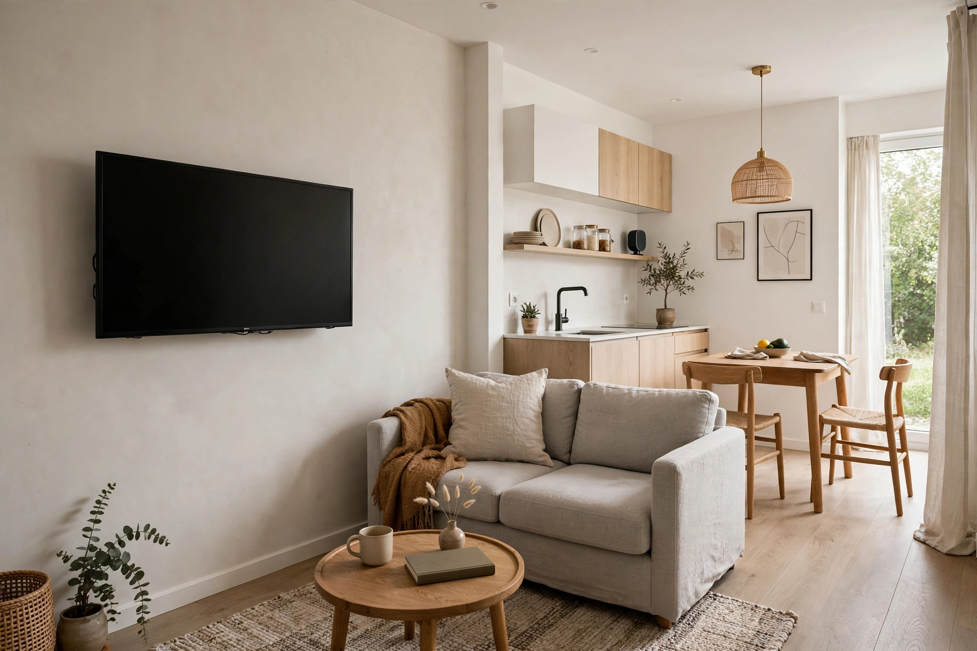 Wall-mounted TV with no console in a small open plan living area.