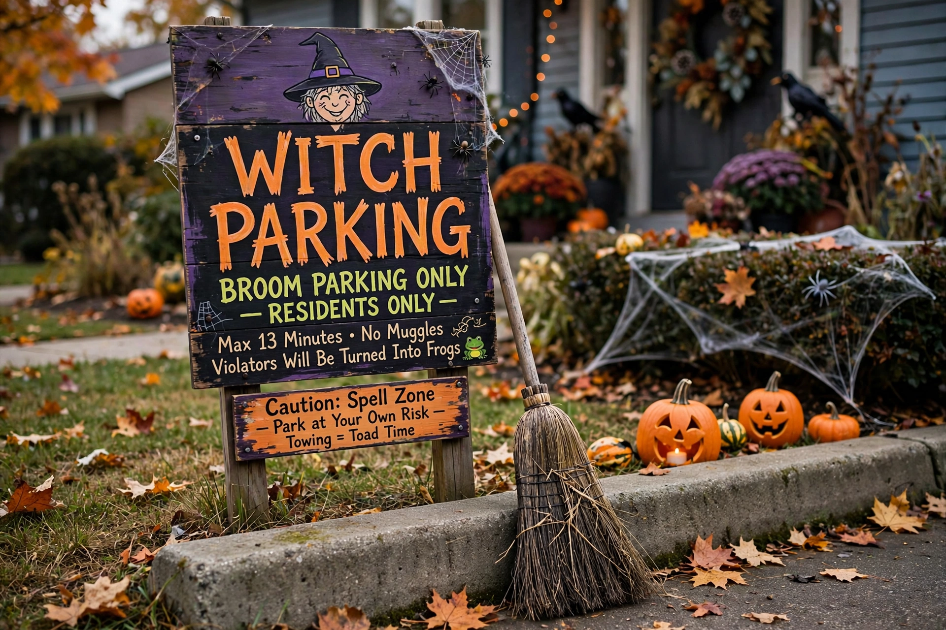 Funny witch parking sign in a front yard with a broom leaning against a parking bumper.