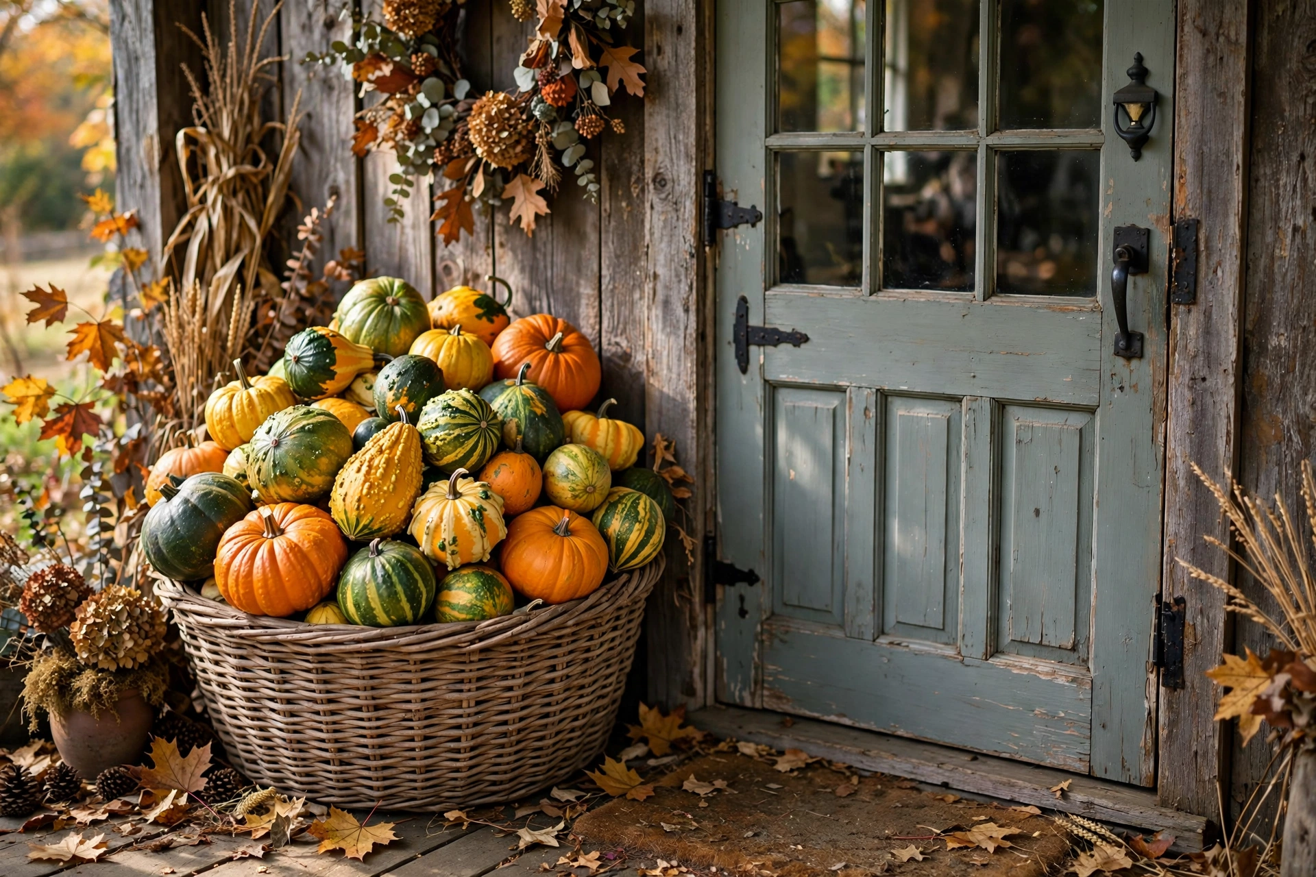 Large woven basket overflowing with assorted colorful gourds by a door.