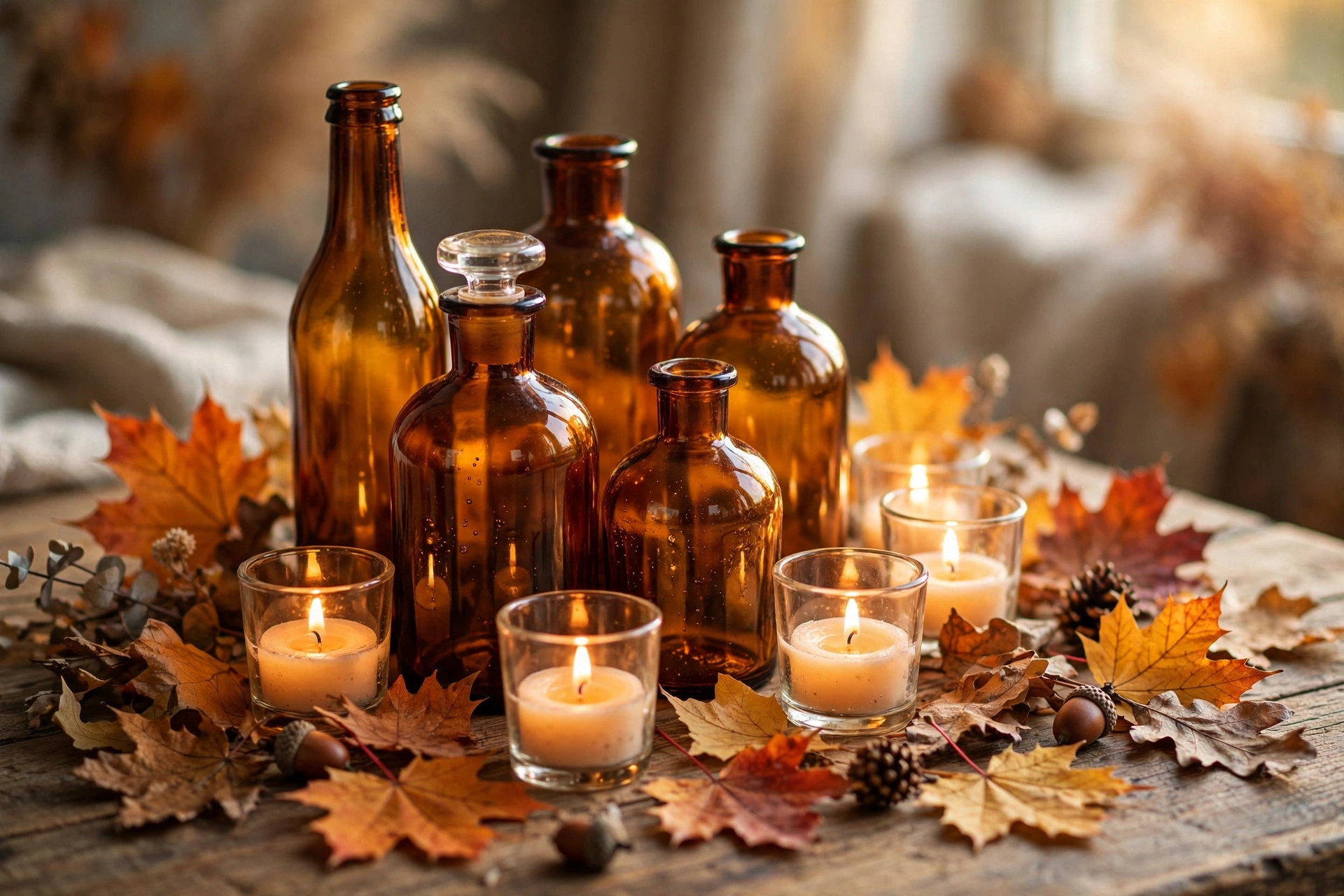 Amber glass candle glow — Thanksgiving centerpiece idea