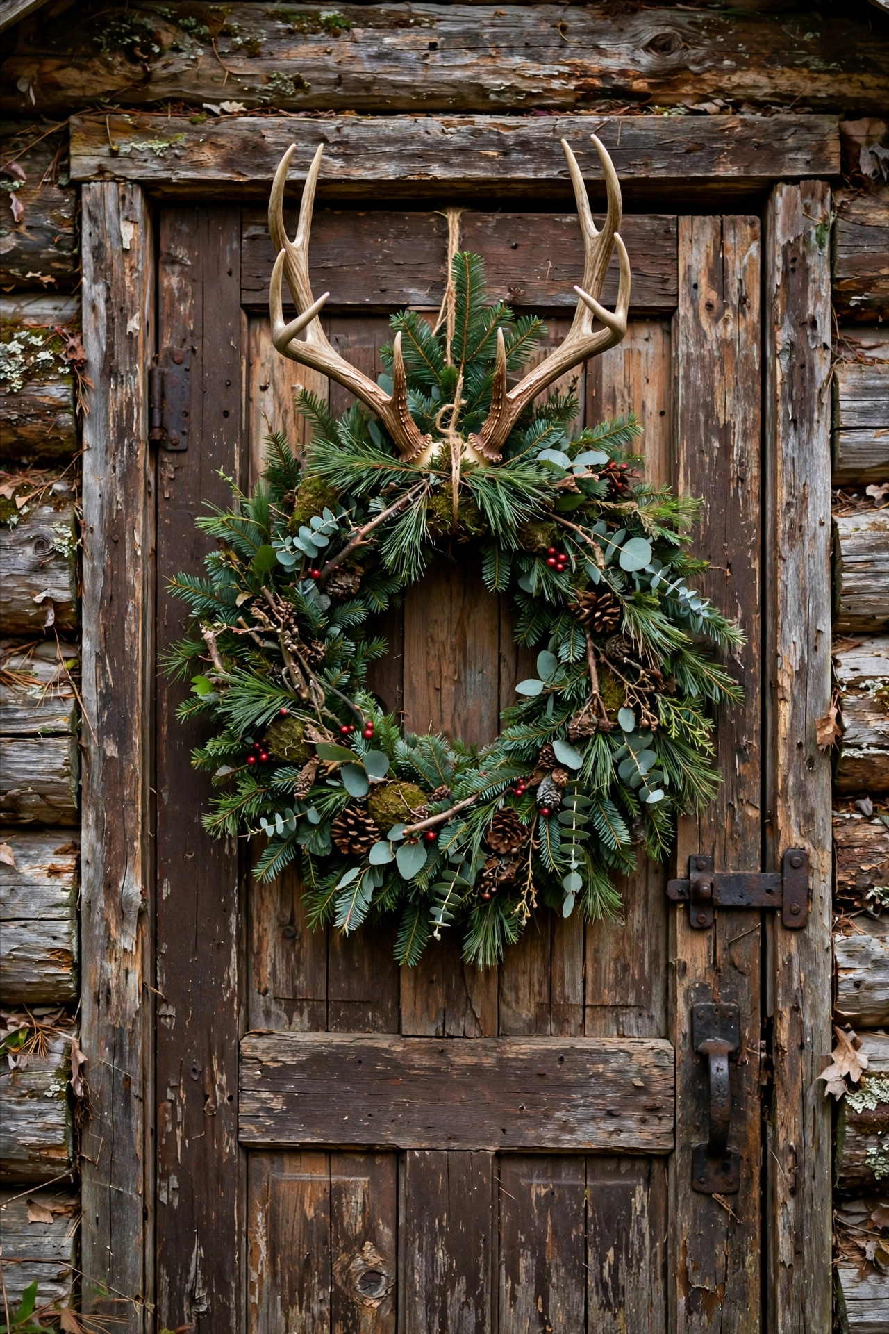 Evergreen wreath with faux antlers mounted at top on a rustic cabin door.