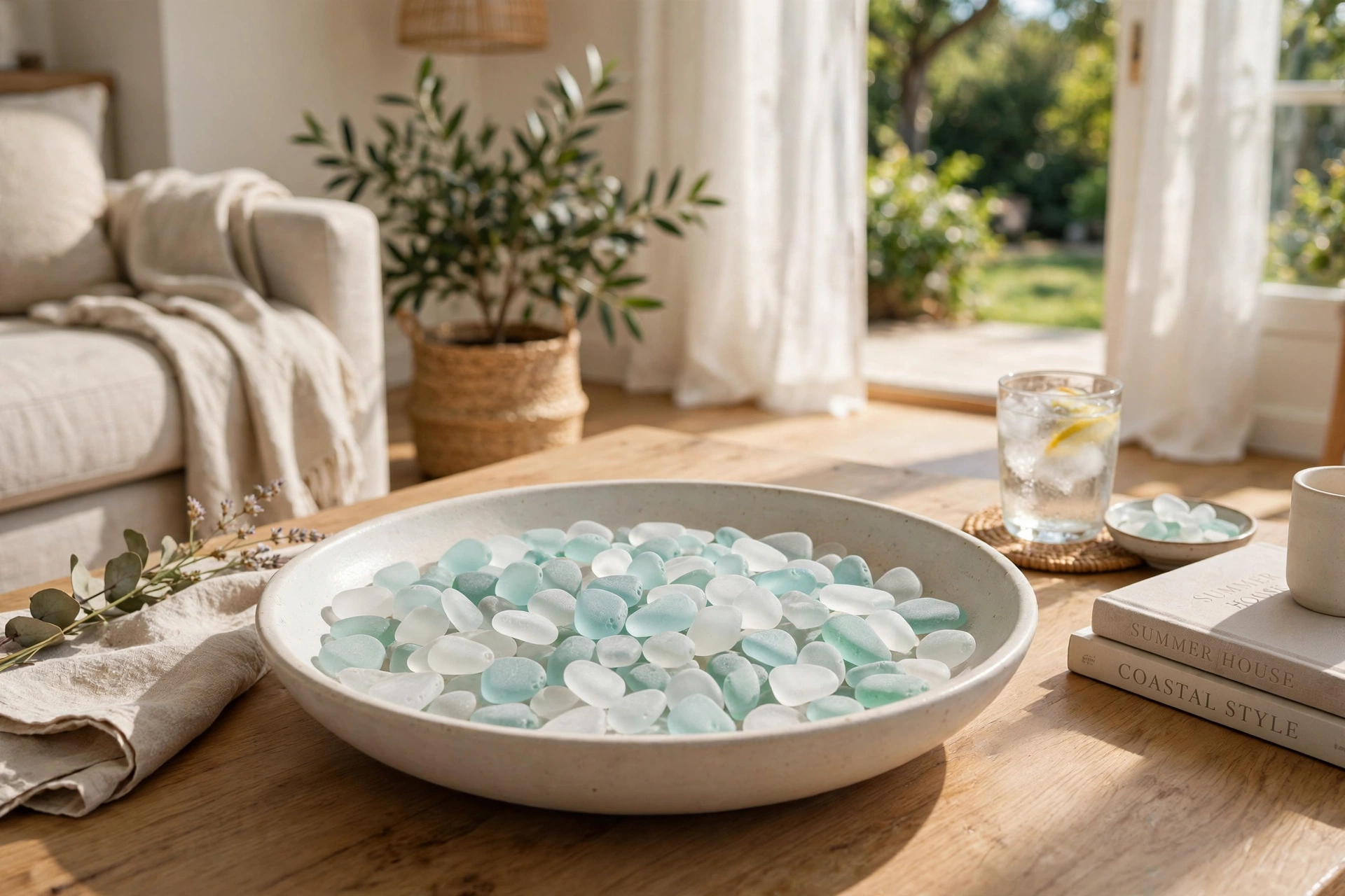 Shallow bowl filled with frosted beach glass pebbles in aqua and white on a coffee table in a sunlit living room.